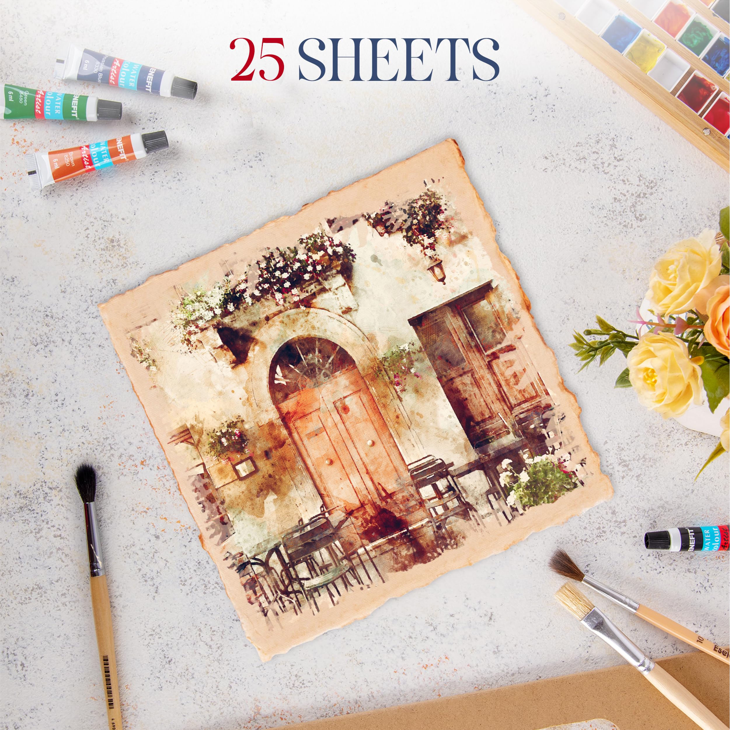 Wanderings Carta Acquerello Vintage Artigianale Spessa con Bordi Sfrangiati - 20x20 cm - 300 gsm - Carta Premium Antichizzata a Caldo per Tecniche Miste in Cotone Riciclato - 25 Fogli Sfusi