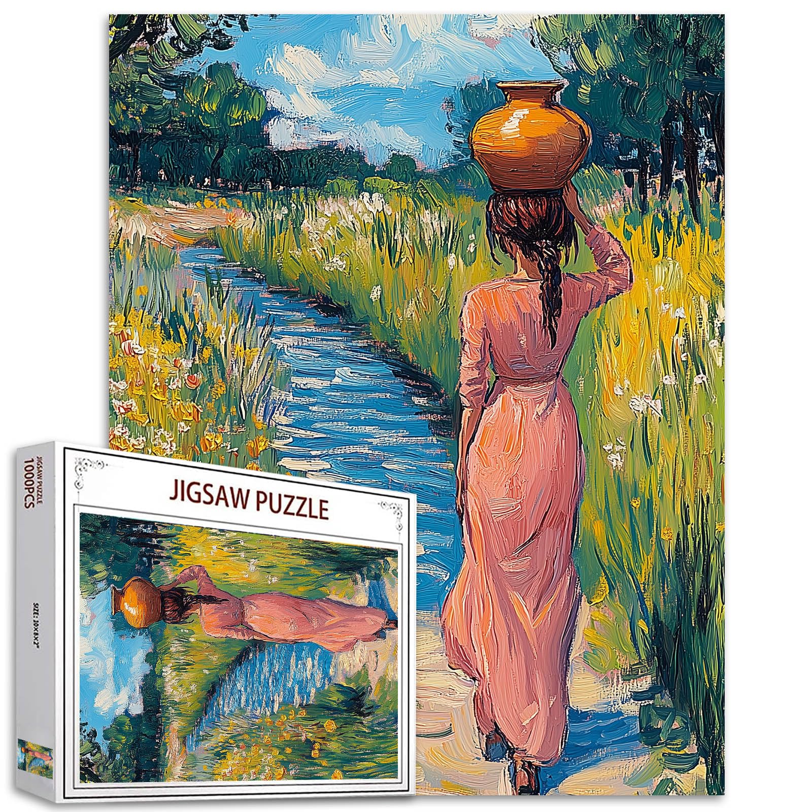 Monet Style 1000 Piece Country Girl Jigsaw Puzzle for Adults and Families,Classic Women with Ceramic Pot Art Puzzle Jigsaw Puzzle 1000 Piece Art Puzzles for Adults