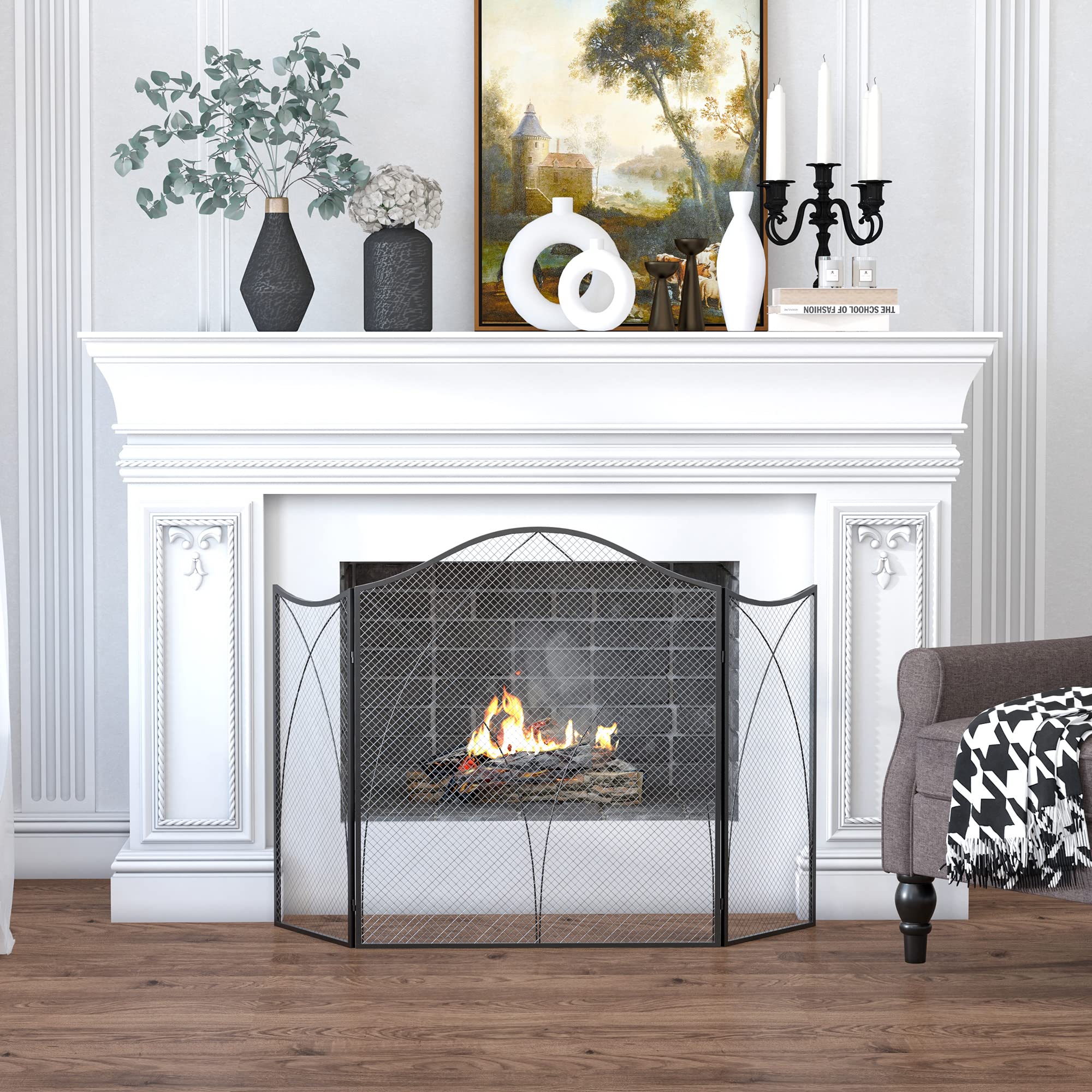 HOMCOM Salvette pliante écran protecteur de Cheminée 3 panneaux avec charnières et structure en métal décorative 126 x 2 x 76 cm Noir
