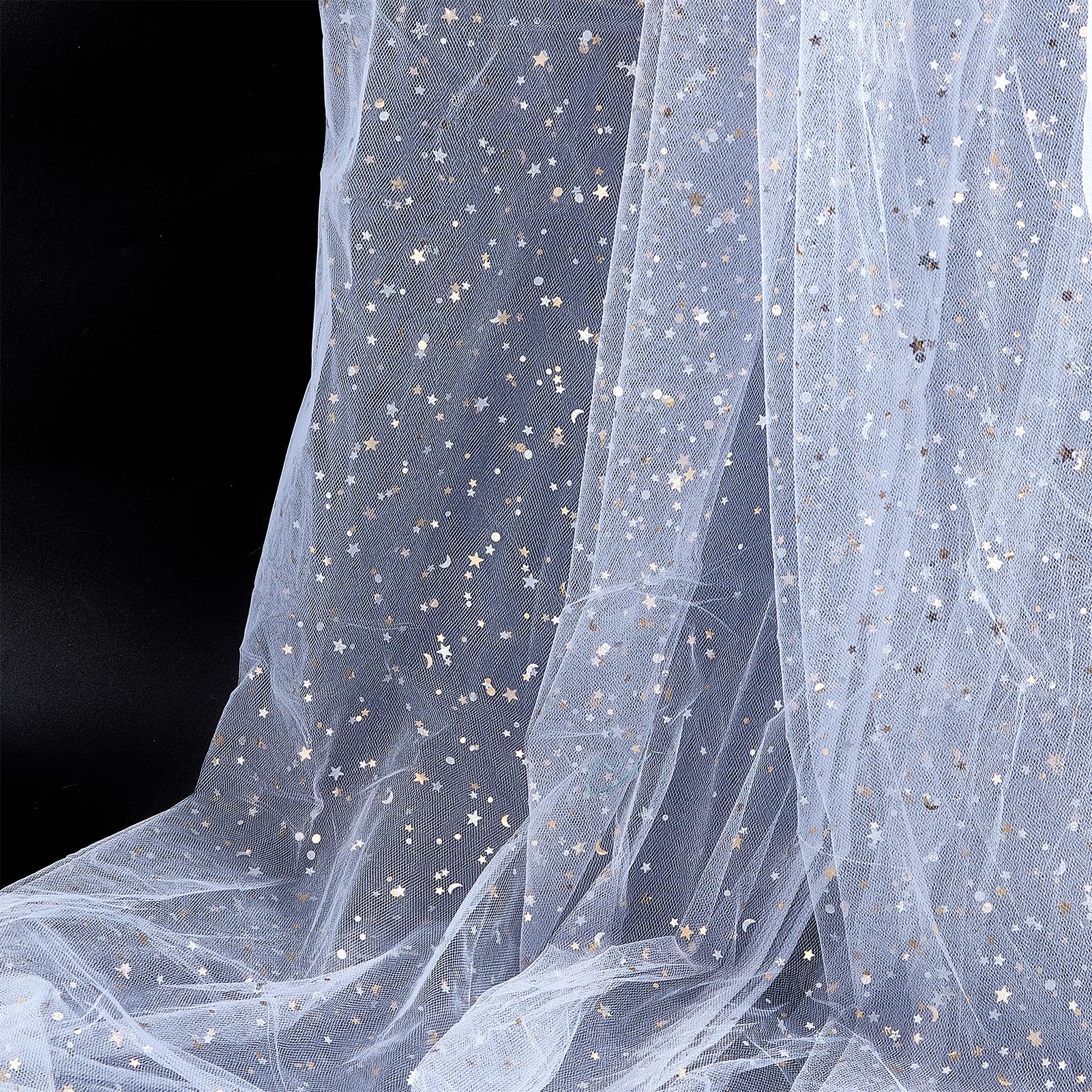 letsinstyle 5 Yards 63 Inches Shiny Star Moon Glitter Tulle Rolls, White Tulle Ribbon Mesh Fabric Ribbons, Sewing Accessory for Table Backdrop Wrapping Skirts DIY Craft