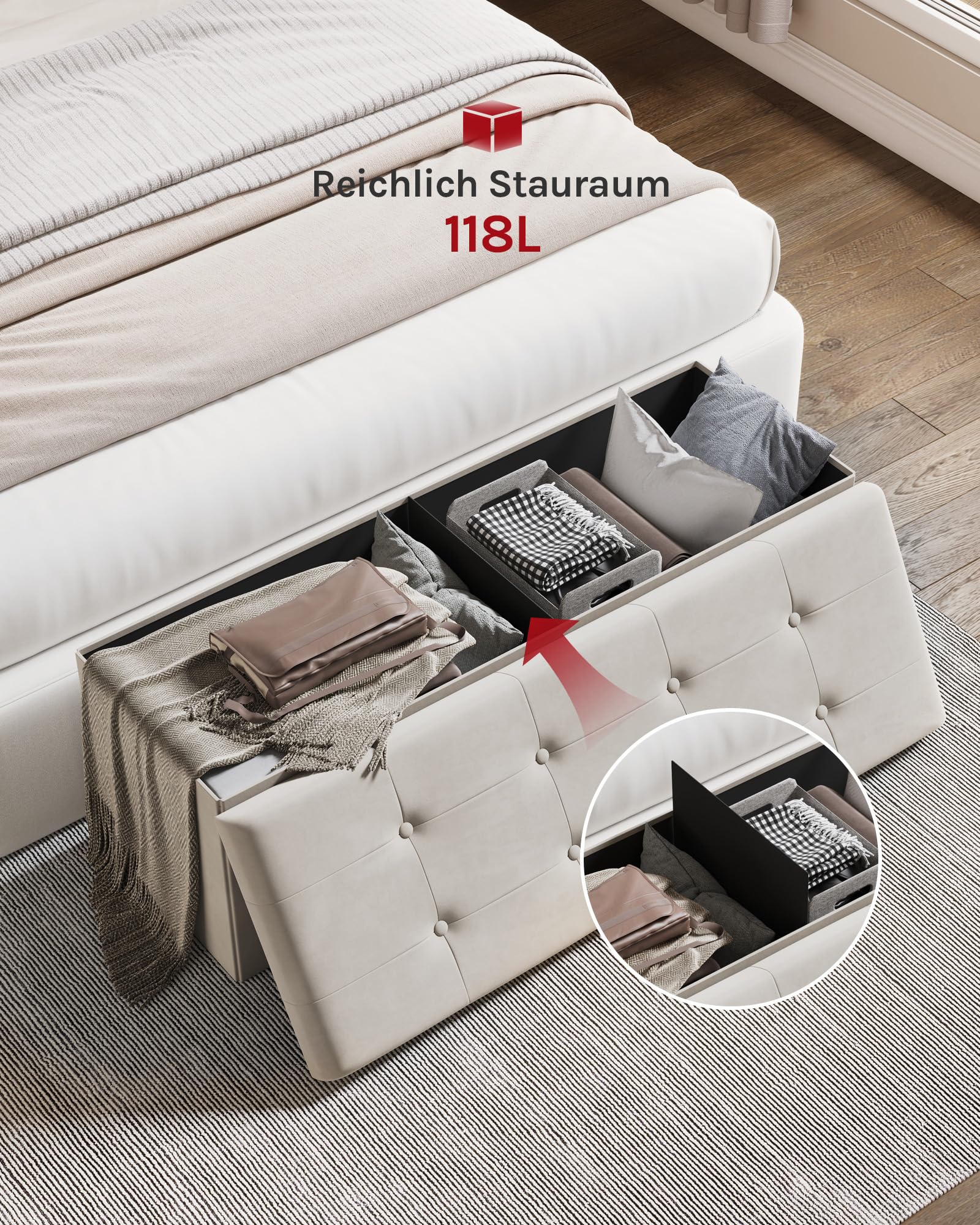 WOLTU Sitzbank mit Stauraum 110 cm, Truhe mit Stauraum 118 L faltbar, Sitztruhe Sitzbox Aufbewahrungsbox klappbar, Bettbank Schlafzimmer, belastbar bis 300 kg, aus Samt, Cremeweiß