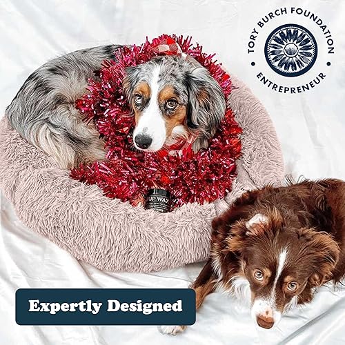 Miniatura 6 de Puppington Cama para perro ultra calmante antiansiedad, cama para perro con forma de dona, de piel sintética de lujo, lavable, SM-MED (latte (beige))