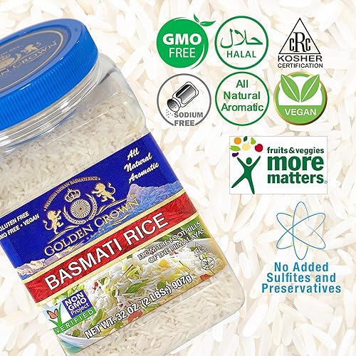 Miniatura 3 de Golden Crown Organic Basmati Rice - Tarro de 32 onzas (2 libras)  Arroz blanco orgánico de grano largo  Sabor increíble, comidas saludables y olor