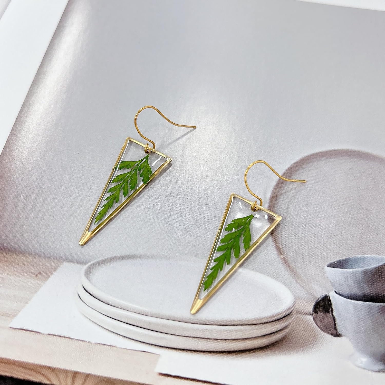 Pressed Fern Leaf Triangle Resin Dangle Drop Earrings for Women Handmade Bohemian Green Dried Leaves Retro Gold Filled Ear Wire Hook Summer Earring Natural Plant Jewelry - Image 5