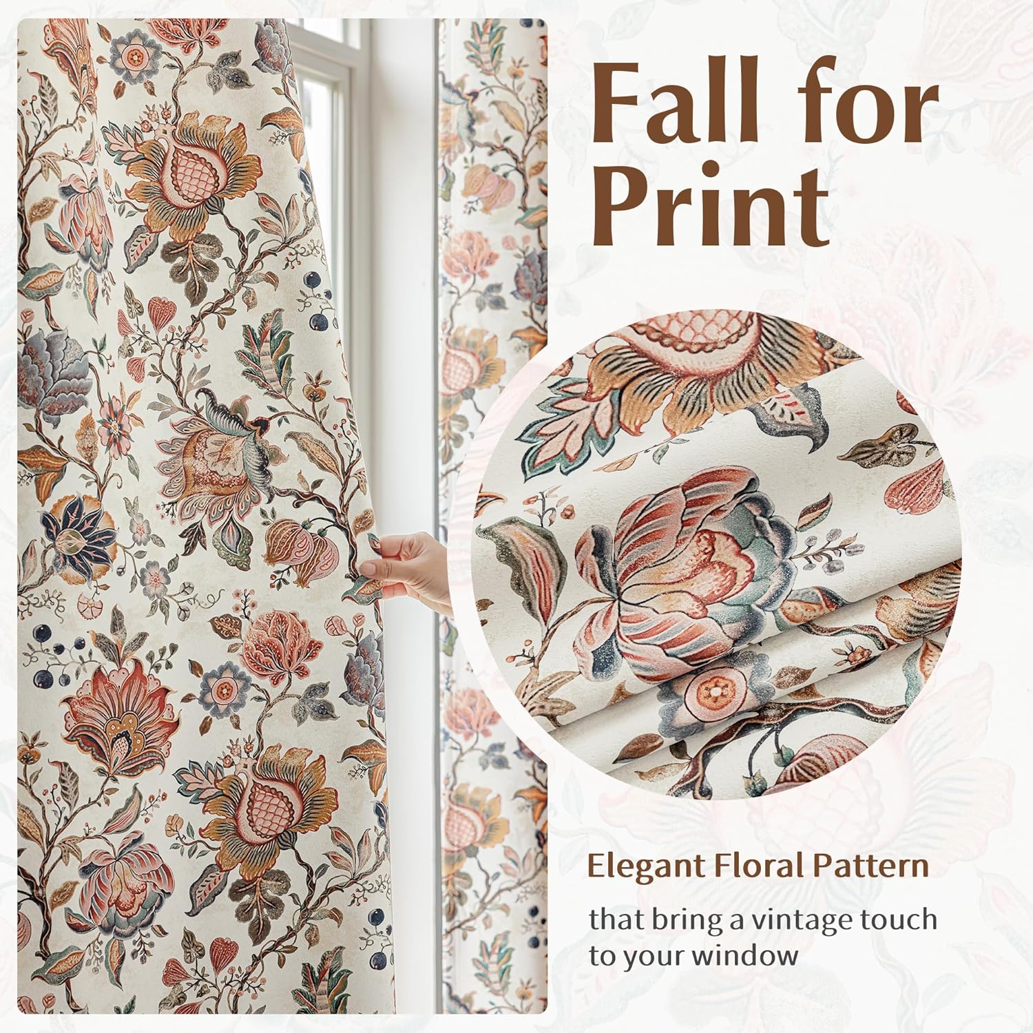 FMFUNCTEX 100% Boho Blackout Floral Curtains for Bedroom, Vintage Flower Patterned Beige Curtains 84 Inches Long for Living Room Darkening Thermal Insulated Grommet Window Farmhose Drapes 2 Panels