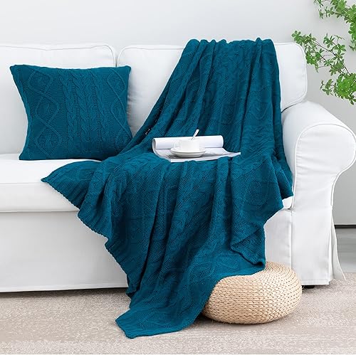 Miniatura 5 de MILVOWOC Manta de acrílico óxido y 2 fundas de almohada, 50 x 60 pulgadas, diseño clásico de punto trenzado, acogedora y transpirable, para todas