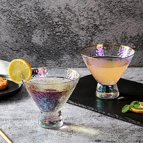 Miniatura 4 de Lysenn Juego de 2 vasos de Martini iridiscentes sin tallo, vasos de cóctel martillados de alta calidad para bodas, aniversarios, Navidad, fiestas,