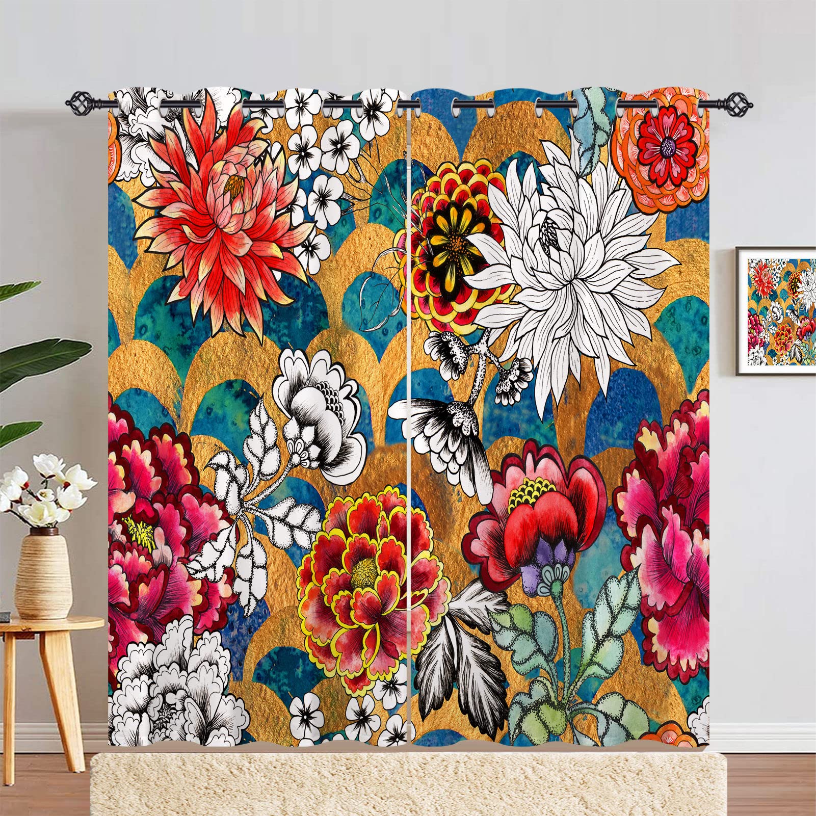 ANHOPE Floral Curtains Eyelet 80% Blackout Curtains with Watercolor Mermaid Scale Wave Flower Print Pattern Thermal Soundproof Decorative Window Drapes for Bedroom Living Room 55 x 84 Inch 2 Panels — image 1
