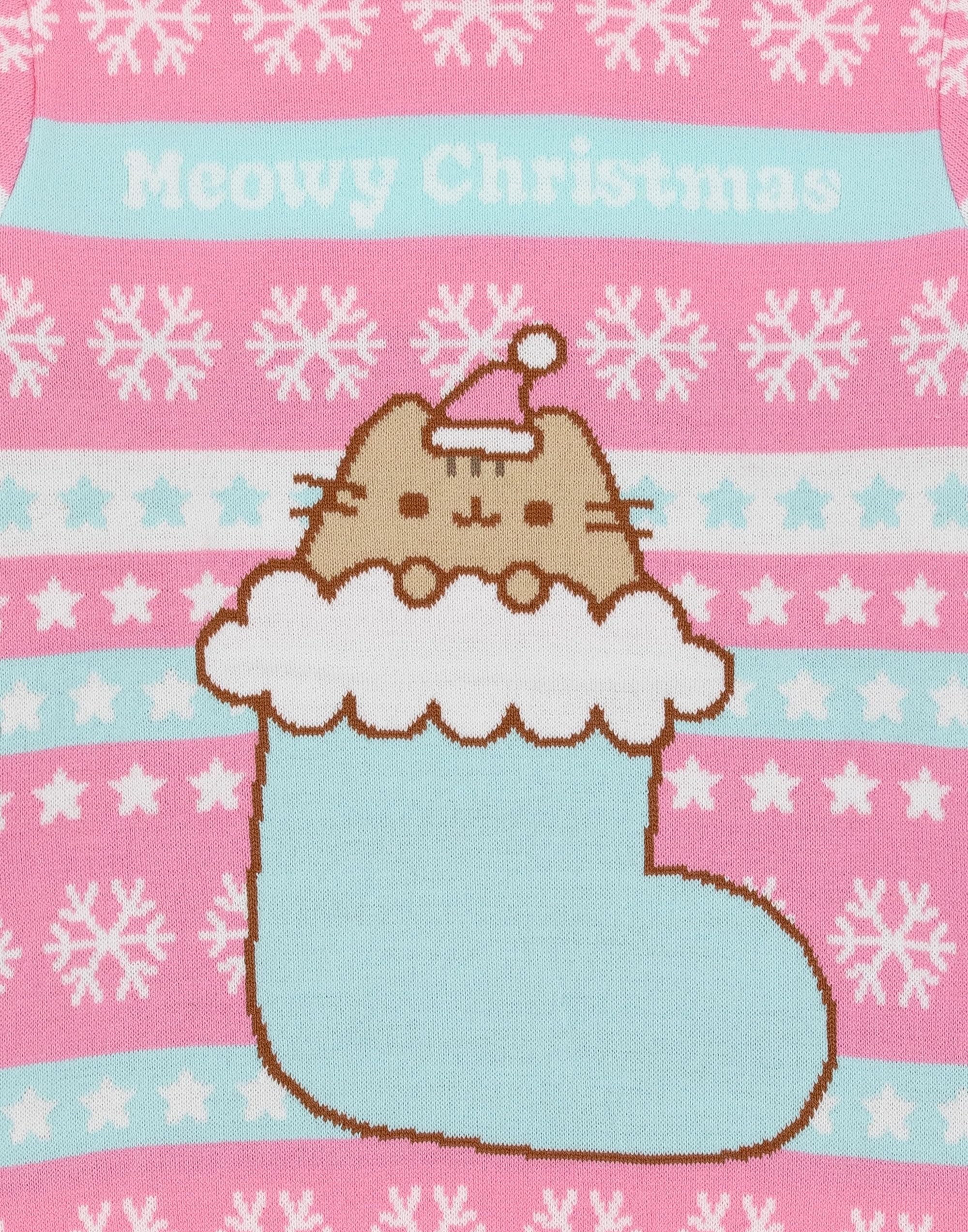Pusheen Różowy sweter bożonarodzeniowy z dzianiny dla dziewczynek | świąteczny sweter - uroczo przytulny | stylowa odzież bożonarodzeniowa The Cat | świąteczna bluza z motywem kota