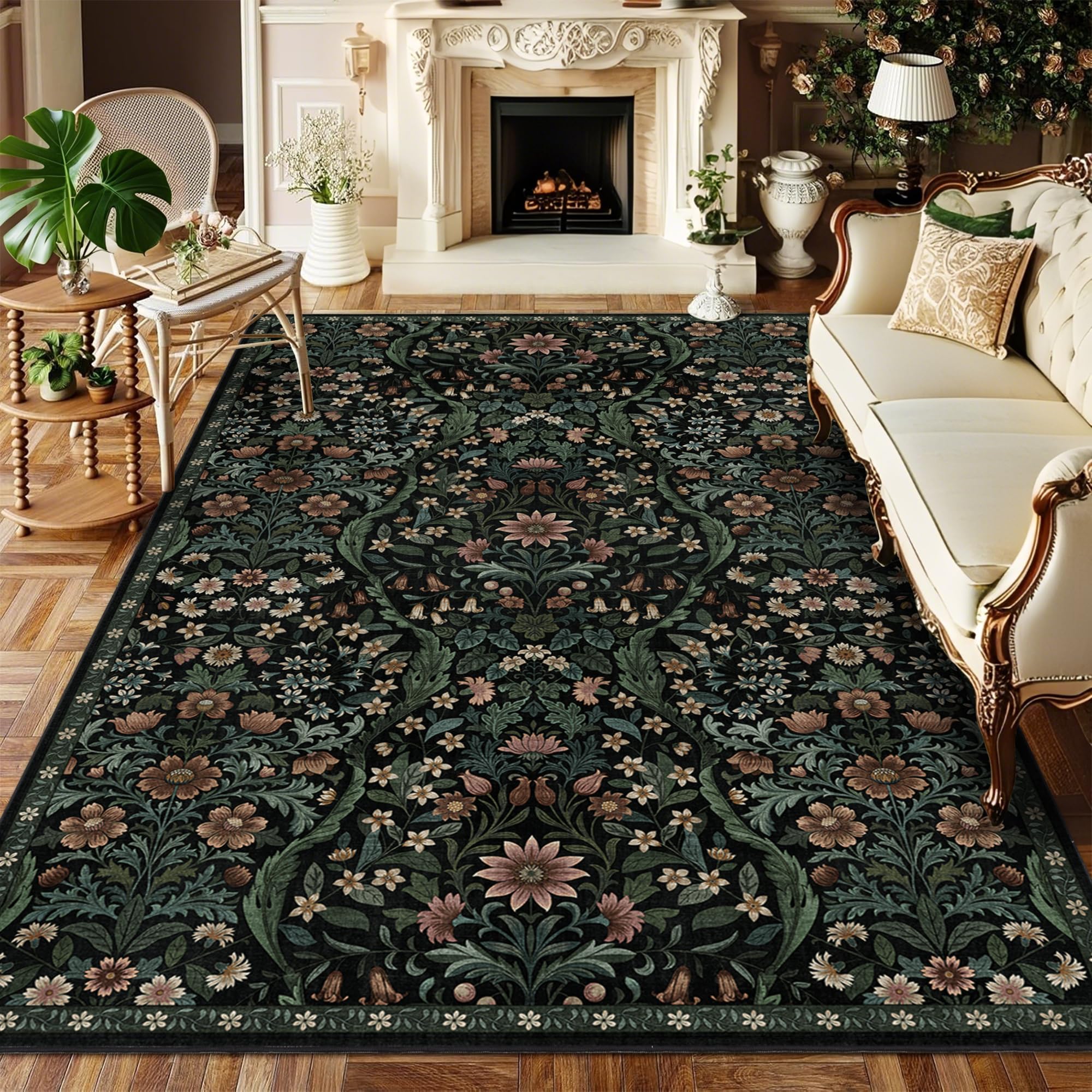 Floral Washable 6x9 Area Rug，Black Boho Rugs for Living Room, Soft Low-Pile Non-Slip Stain Resistant & Non-Shedding Carpet for Bedroom, Dining Room, Office, Entryway, Nursery — image 1