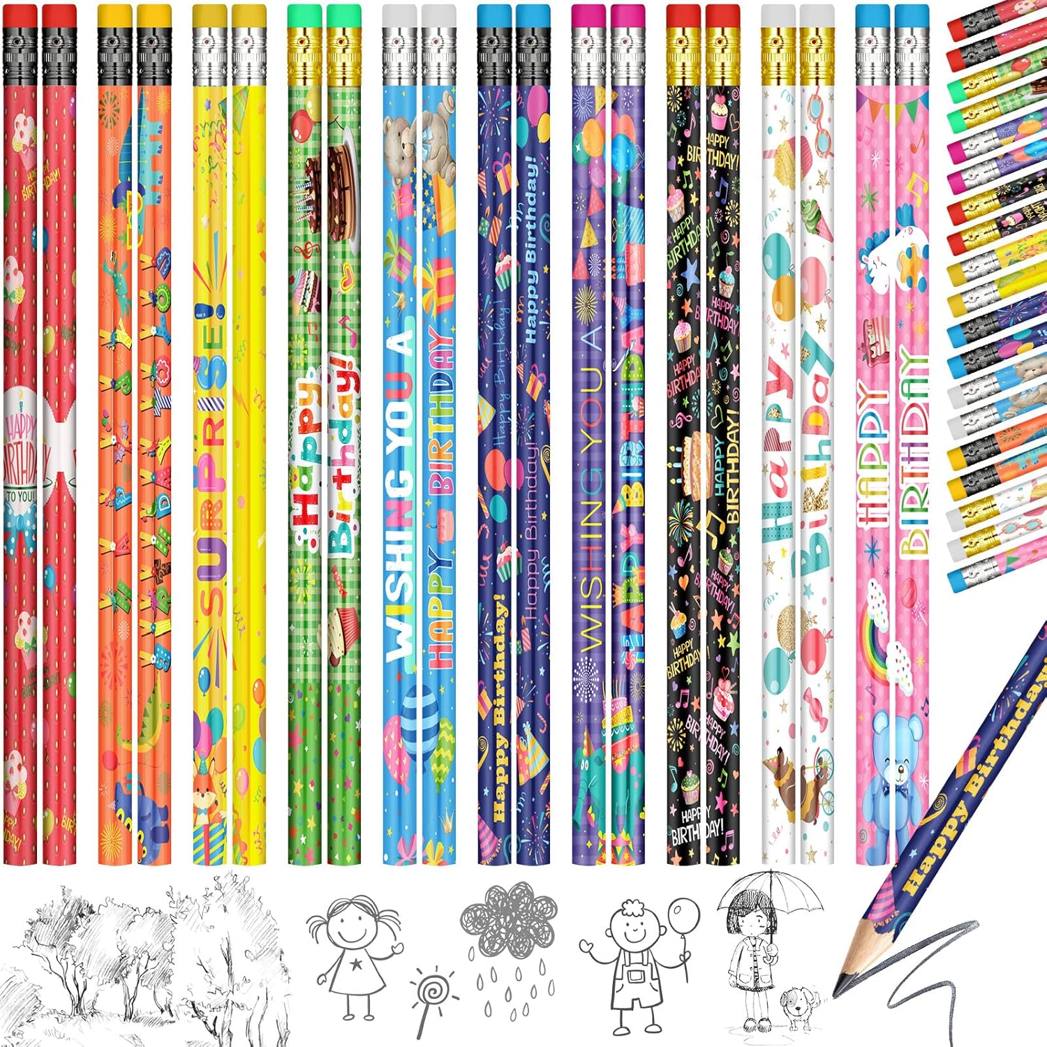Funrous 200 Pcs Happy Birthday Pencils Bulk Colorful Pencils with Top Erasers for Teachers Reward Birthday Party Supplies Gifts, 10 Assorted Style