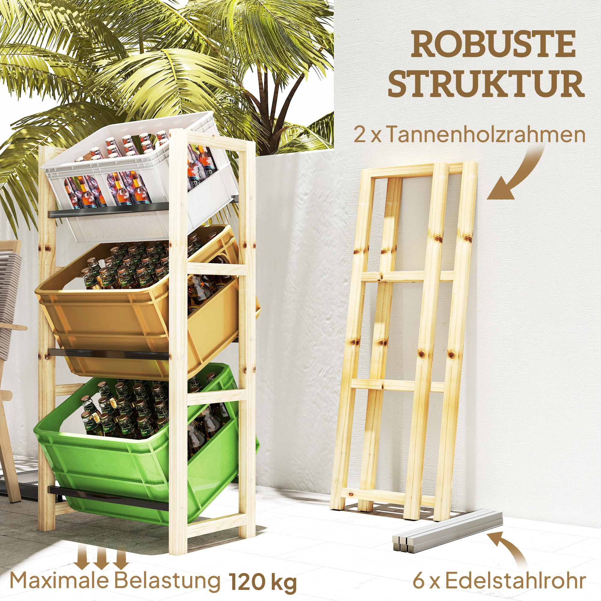 Outsunny Getränkekistenregal für 3 Getränkekisten Getränkeregal Holz Kistenregal mit 3 Ebenen freistehend Getränkekistenhalter belast 150kg Kistenständer für Bier, Wasser 56 x 32 x 112 cm Naturholz