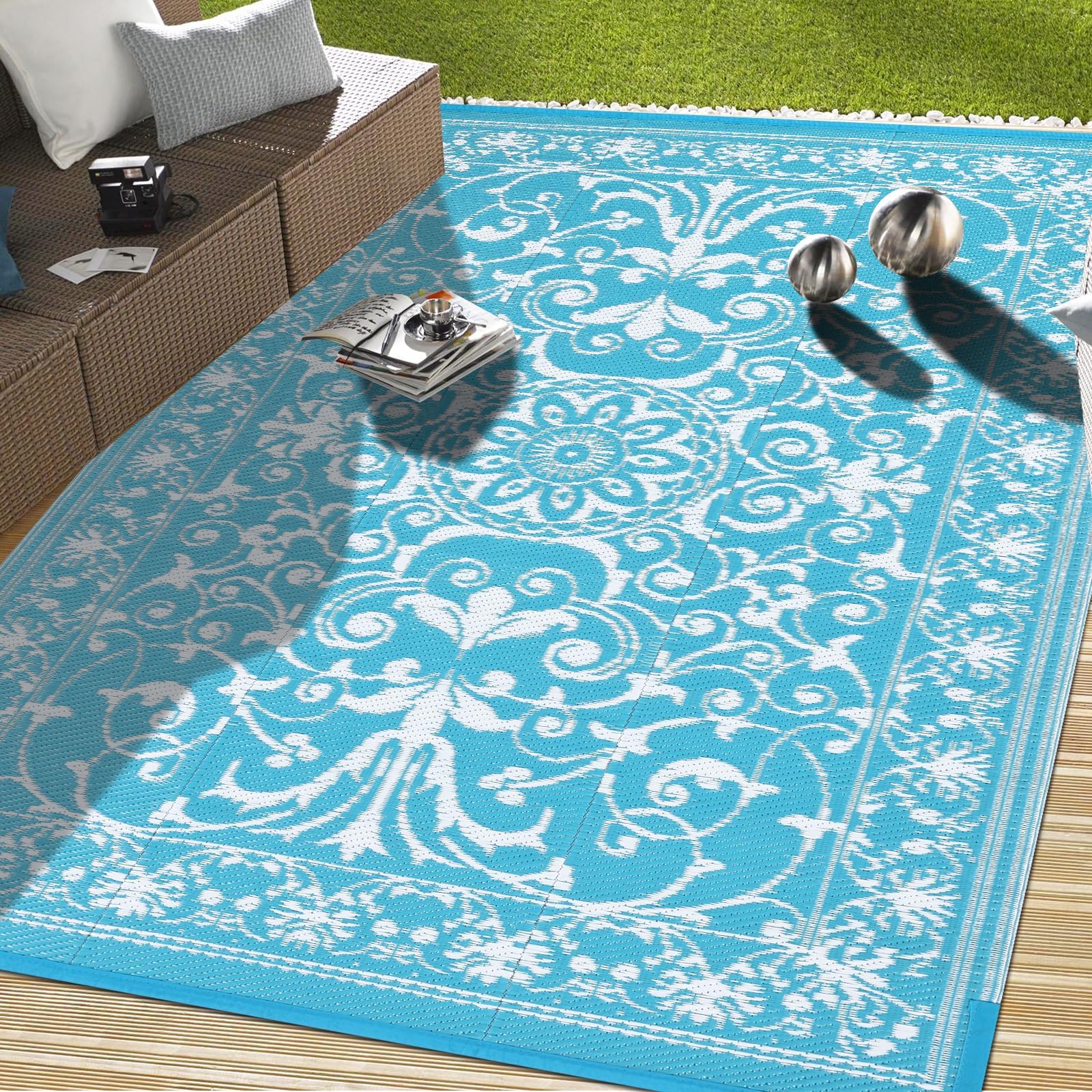 VaukkiReversible Rugs, Plastic Straw Outdoor Doormat, Fade Resistant Plastic Outdoor Patio Mat, Lightweight Tribal Area Carpet for Patio, RV, Camping, Beach, Deck, Backyard and Picnic(4'x6', Teal)