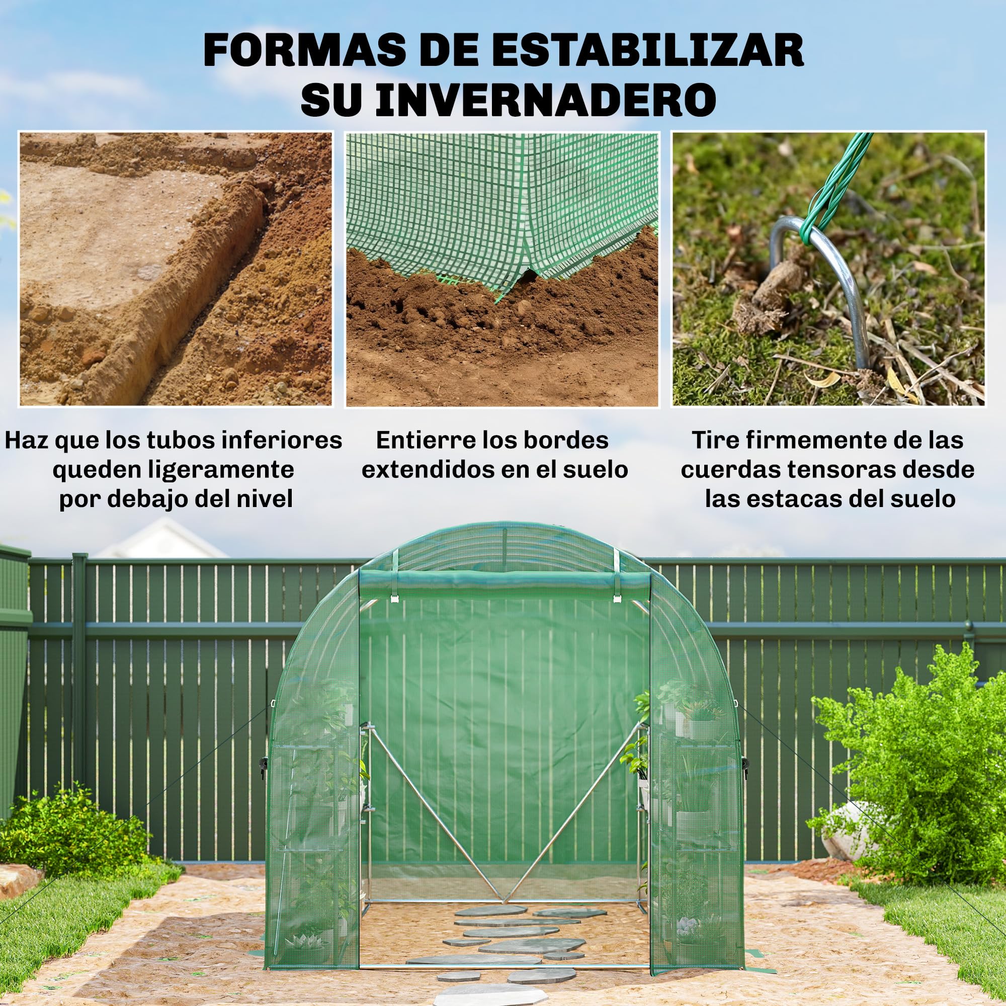 Outsunny Invernadero de Exterior 2,8x2x1,9 m con Estantes, Invernadero de Túnel con Puerta Enrollable, 6 Ventanas de Malla, Cubierta PE y Marco de Acero Galvanizado, Anti-UV, Impermeable, Verde