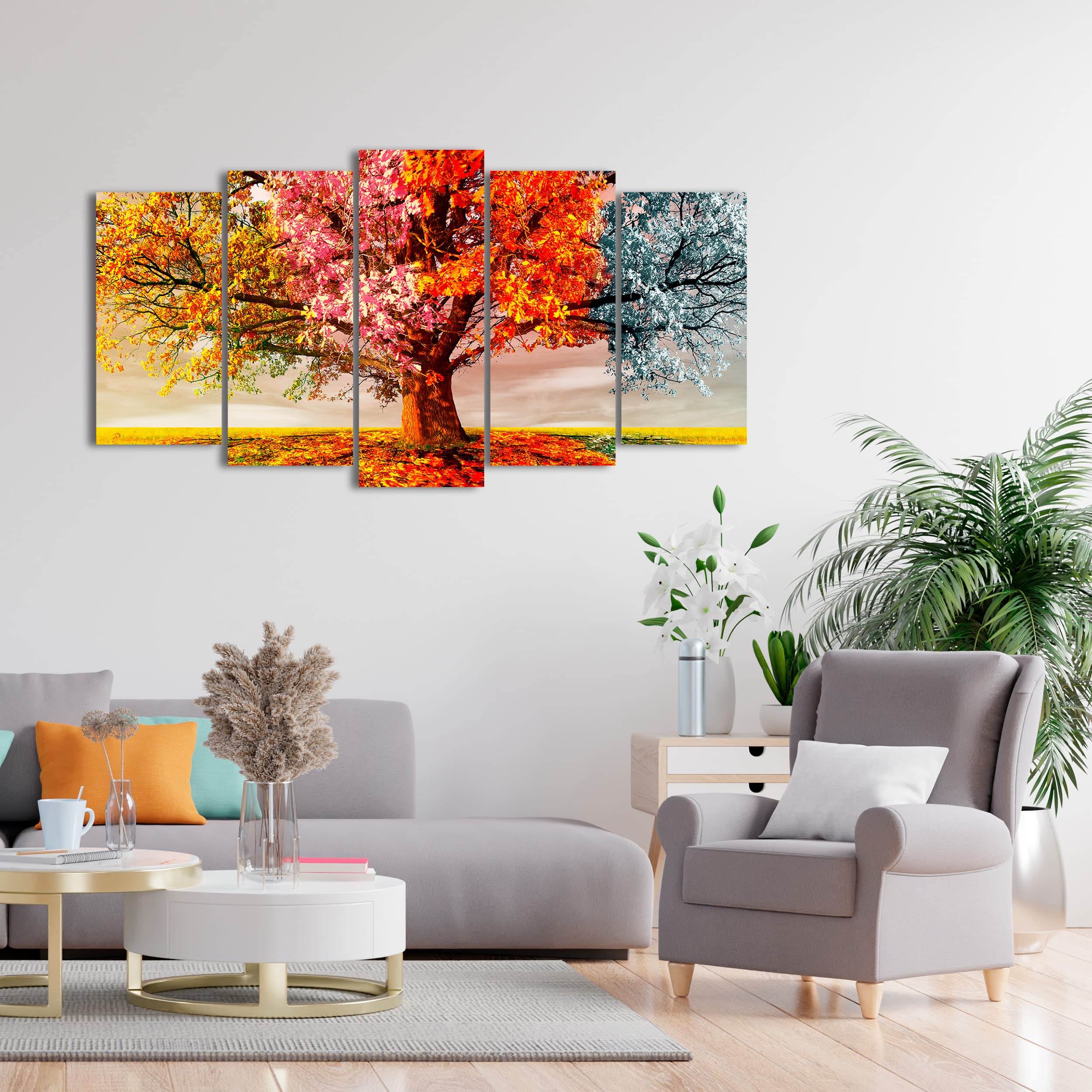 DekoArte - Cuadros Modernos Impresión Imagen Artística | 5 Piezas 150x80cm | Lienzo Decorativo Para Tu Salón o Dormitorio | Estilo Paisaje Árboles Cuatro Estaciones Del Año