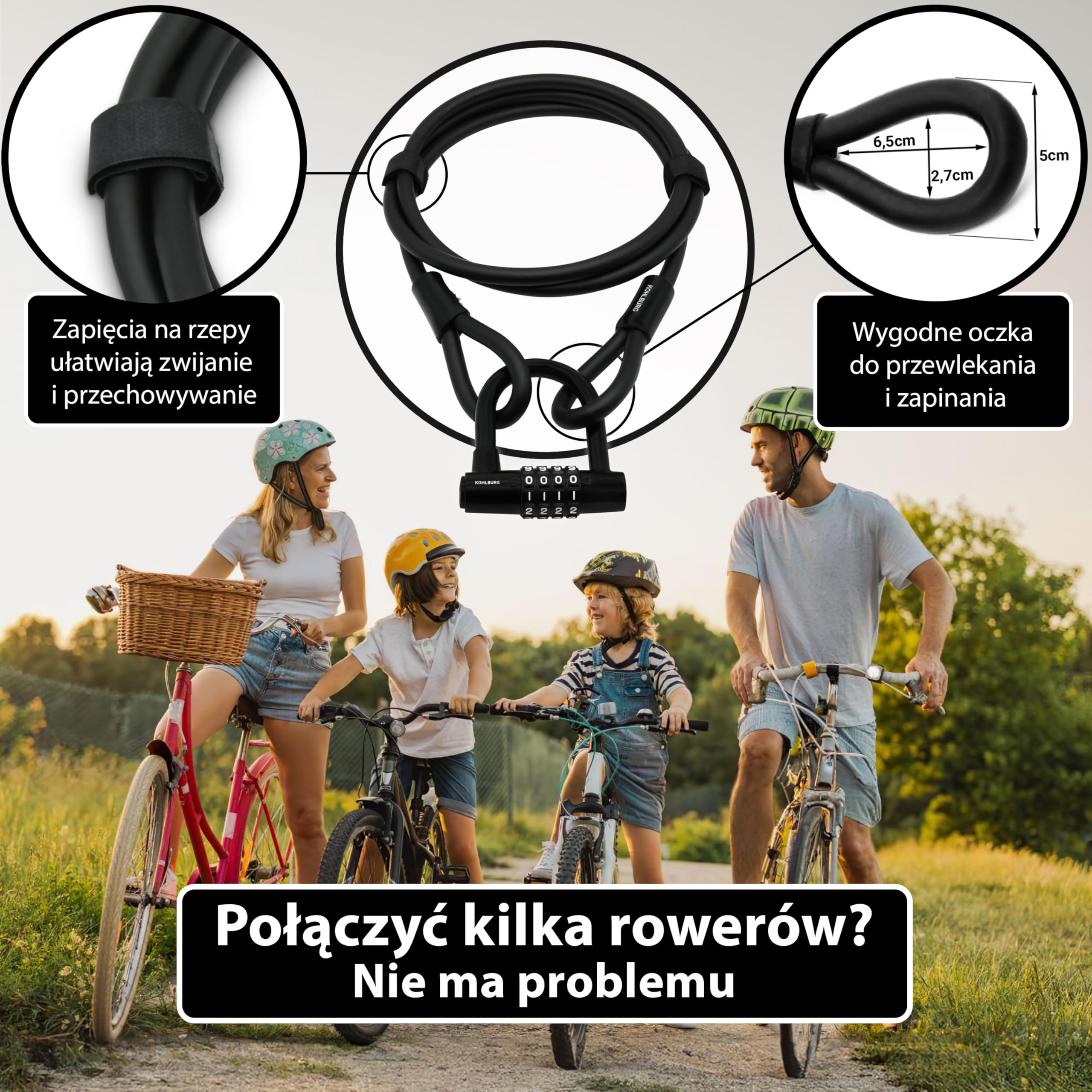 KOHLBURG zamek szyfrowy 200 cm | Linka stalowa z kodem do roweru 2 metry, kabel mebli ogrodowych i sprzętu 2 m