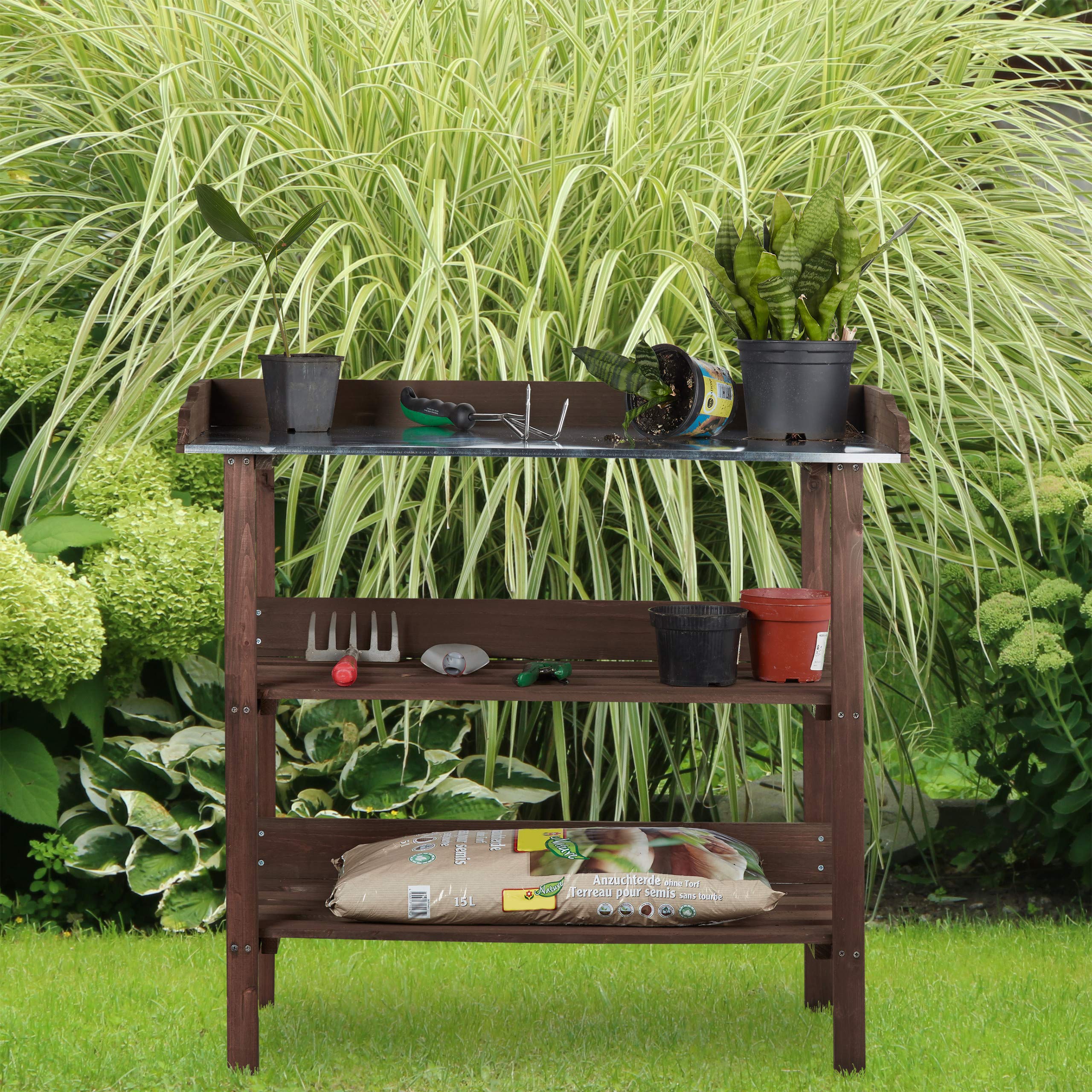 Relaxdays Mesa para huerto Urbano con Tres estantes, Invernadero, 86x92x42 cm, Marrón Oscuro