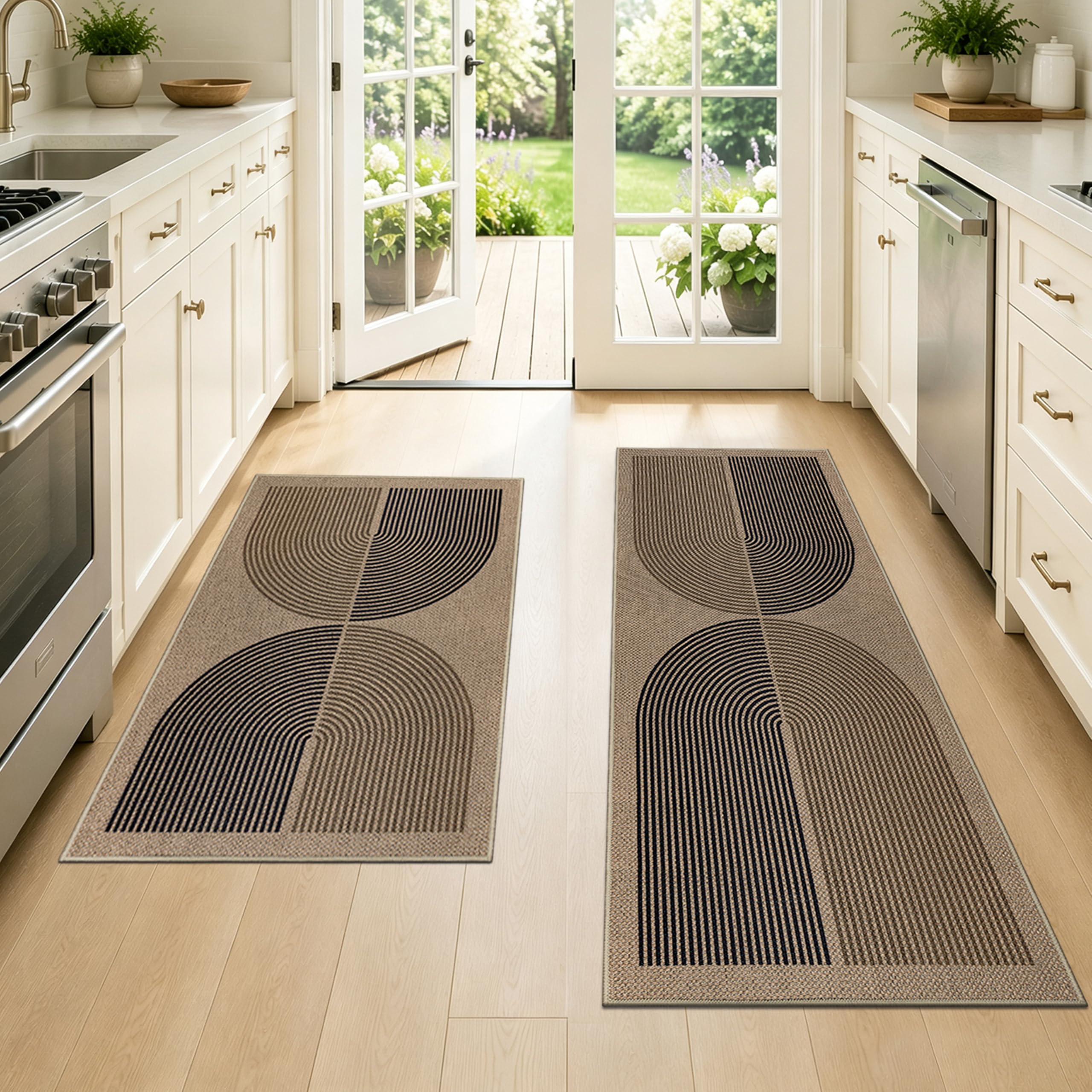 Capslpad Kitchen Rugs Sets of 2 Non Slip Jute Look Kitchen Mat Set Washable Boho Kitchen Rugs and Mats Black Brown Kitchen Runner Rug Floor Carpet for Laundry, Hallway, (50x80cm+50x120cm)