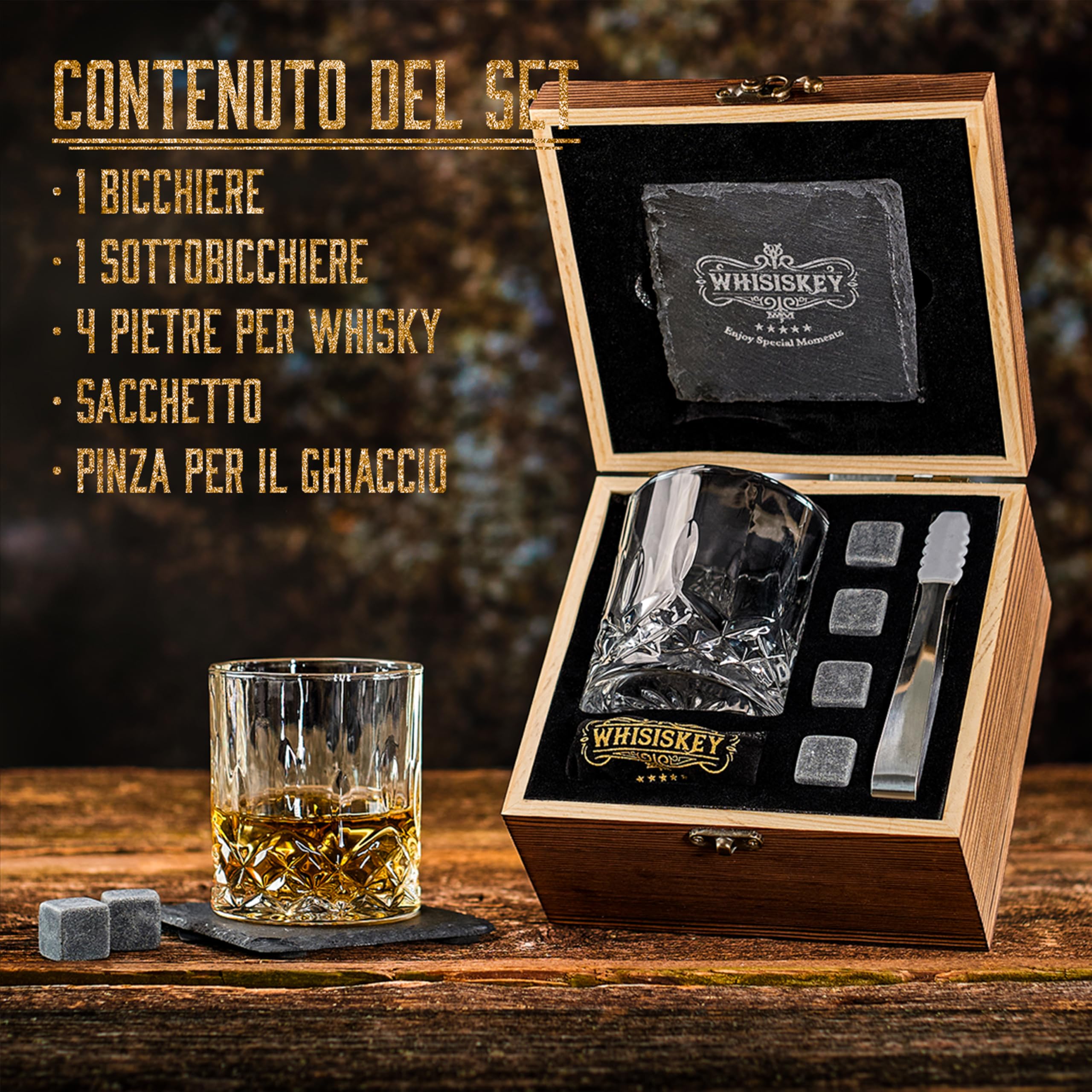 Whisiskey - Set di Bicchieri da whisky - Regali per Uomini - Set di Accessori per Whisky - Regalo Uomo - Set Include 1 Bicchiere in Vetro, Pinze, Sottobicchieri, 4 Cubetti di Ghiaccio Riutilizzabili
