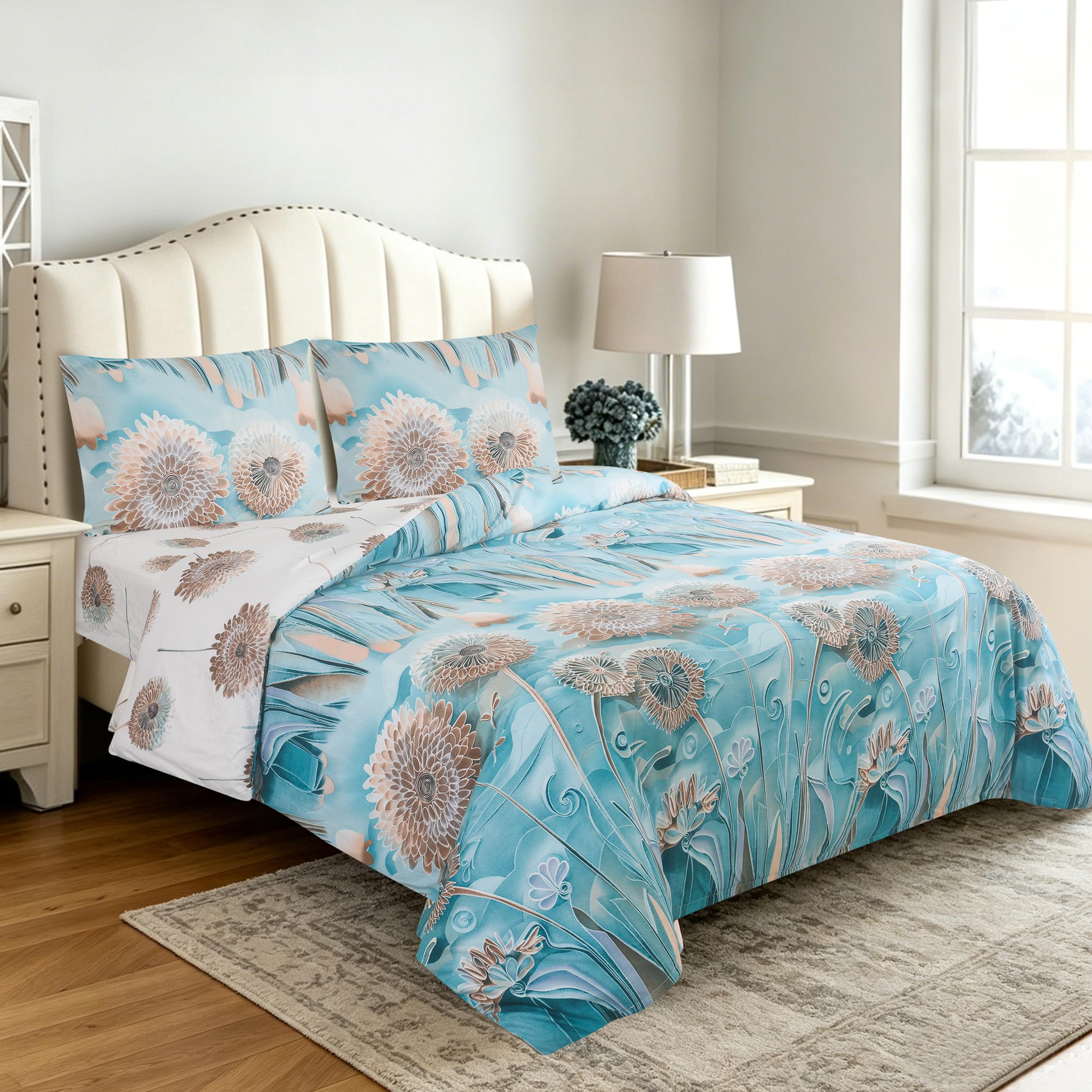 Hadi London Luxury 4 Piece Bedding Set – Duvet Cover, Fitted Sheet & 2 Pillowcases | Wrinkle-Free, Fade Resistant – Floral & Check Designs (Ocean Bloom 3D, SUPER KING) — image 1