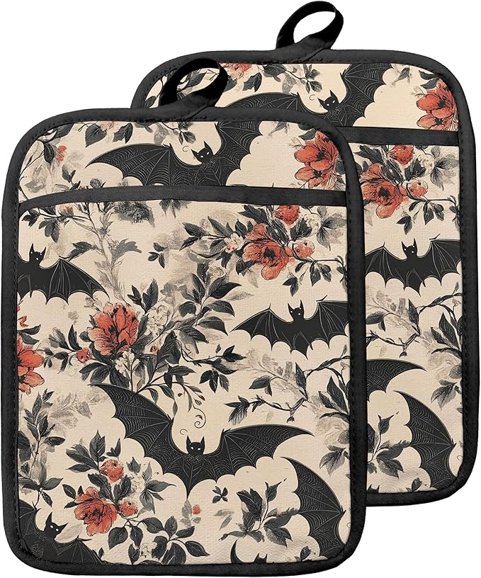 Gothic Halloween Bat Floral Pot Holders with Pockets, Vintage Dark Cottagecore Halloween Oven Pot Holders Heat Resistant Oven Mitts Hot Pads for Kitchen Baking Cooking, Set of 2