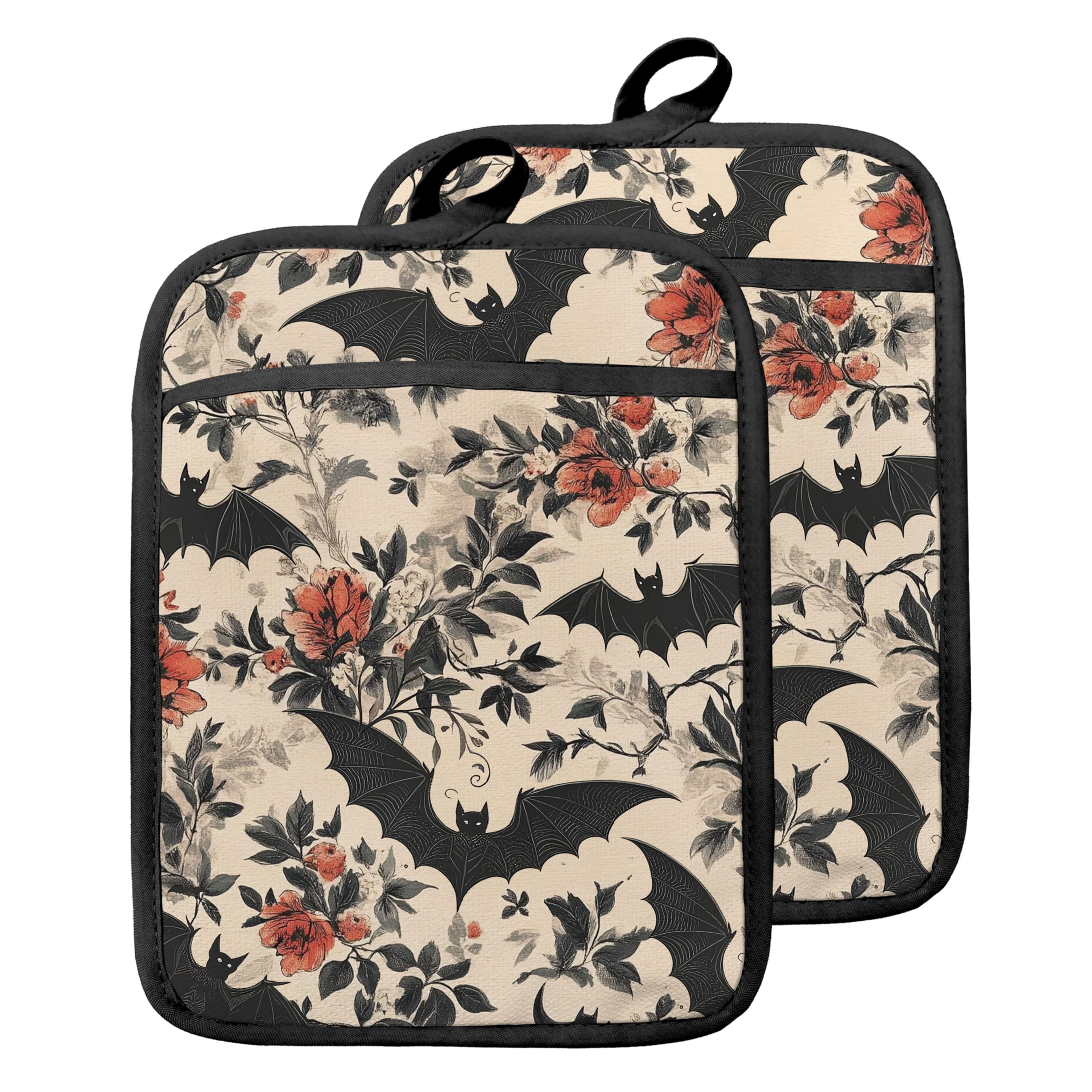 Gothic Halloween Fledermaus Floral Topflappen mit Taschen, Vintage Dark Cottagecore Halloween Ofen Topflappen Hitzebeständige Ofenhandschuhe Hot Pads für Küche Backen Kochen, 2 Stück