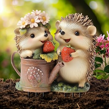 Garden Stake Decor, Acrylic 2D Flat Cute Animal Statue, Fairy Sculptures Ornament Indoor Outdoor Yard Lawn Pot Plant Decorative Accessories Two Hedgehogs