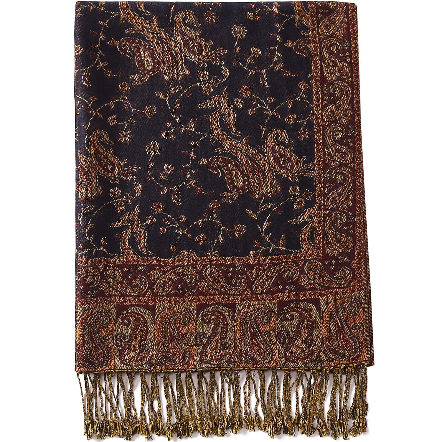 Becolored Paisley Flowers Borders Pattern Pashmina Silk Scarf Shawl Wrap Blanket Reversible Comfortable With Fringes, 19-navy, Large