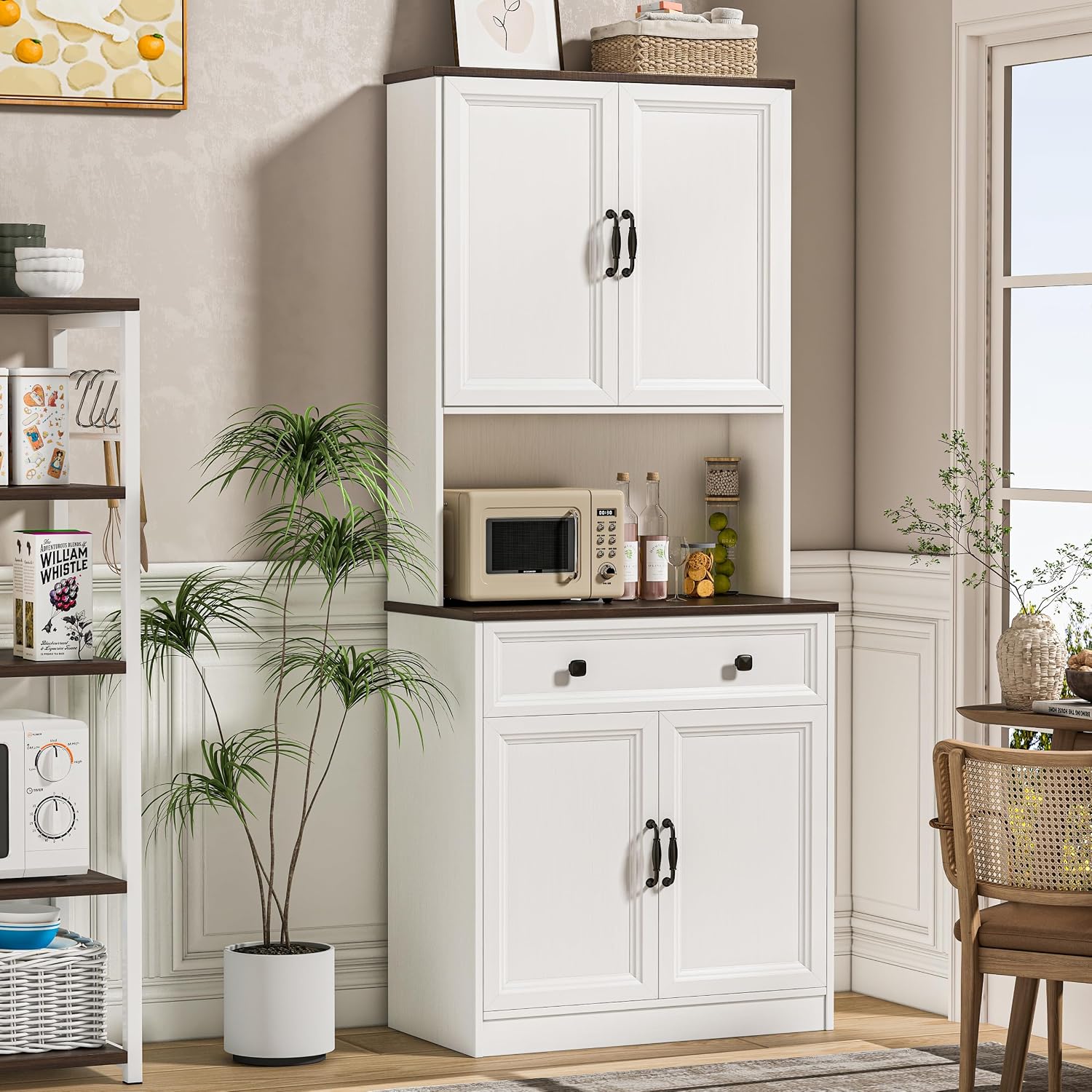 70” Tall Kitchen Hutch Pantry Storage Cabinet, Food Pantry Cabinet with Microwave Shelf, White Freestanding Wood Pantry Cabinet with Drawers Doors for Dining Room, 9 ”Deep (Classic)