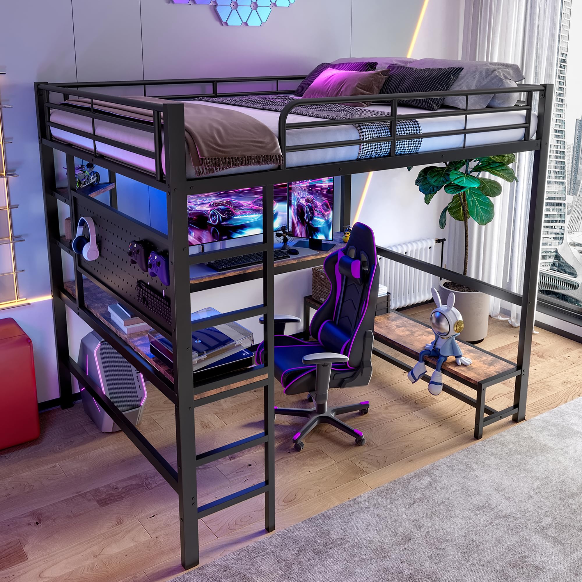 Lit Mezzanine 2 Places 140x200 avec LED et USB C, Lit Enfant en Métal avec Bureau et étagère et Rambarde, Lit Mezzanine Enfant avec Panneau Perforé et Escalier, Lit en Hauteur Structure en Fer, Noir