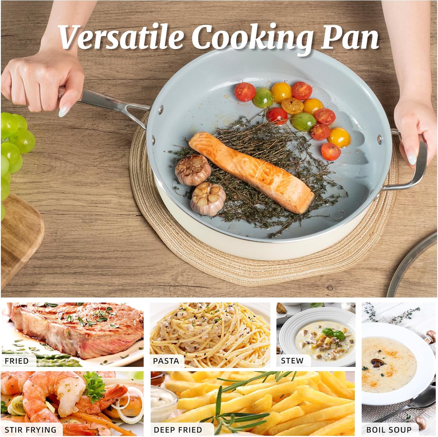 Nonstick Sauté Pan with Lid 5 QT Deep Frying Pan with Stainless Steel Helper Handle 12 inch Large Skillet Ceramic Jumbo Cooker for Healthy Cooking, Induction Compatible Cookware, PFOA Free - Image 6