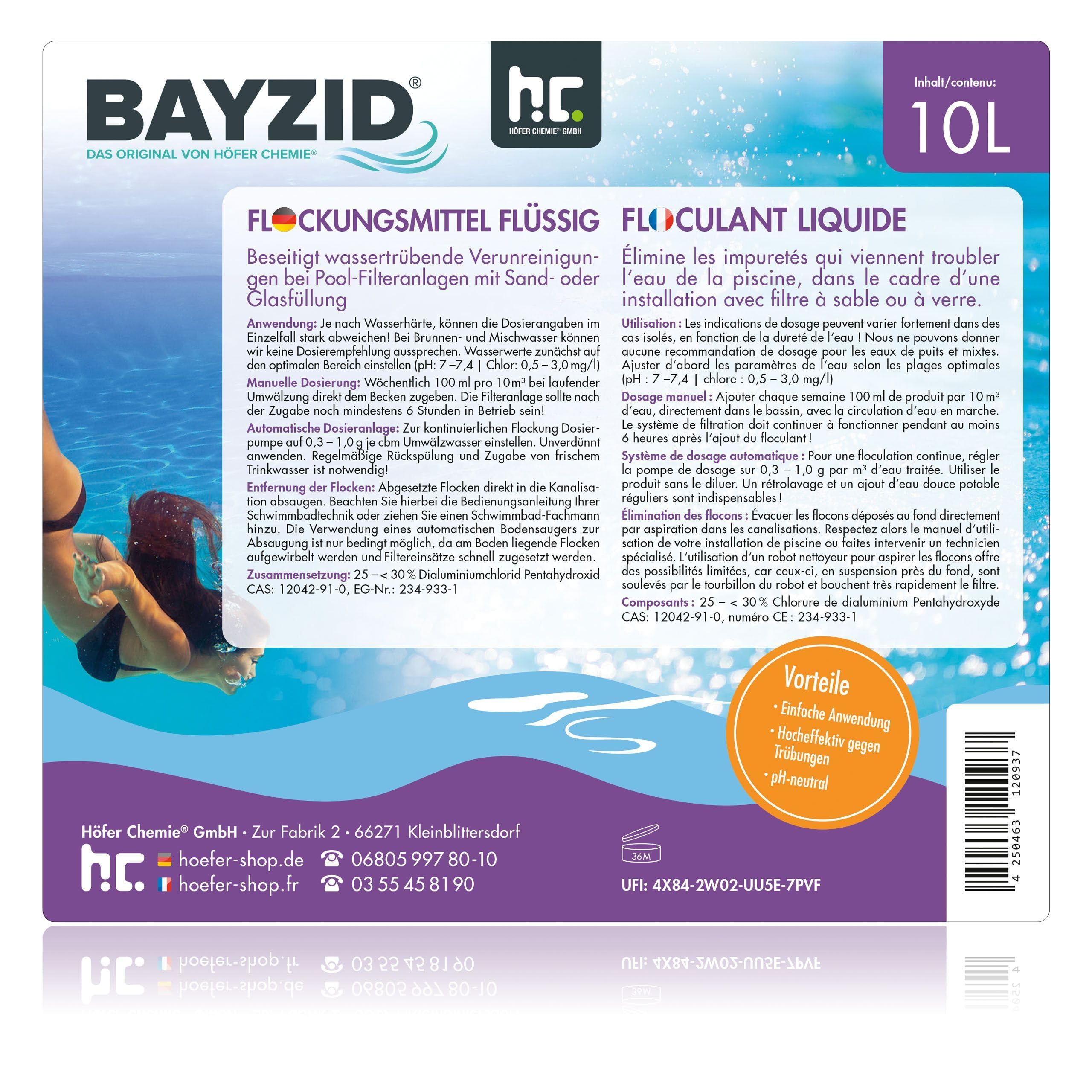 Höfer Chemie 1 x 10 L Pool Flockungsmittel flüssig BAYZID kristallklares Poolwasser - einfache Anwendung + hocheffektive Wirkung gegen Trübungen