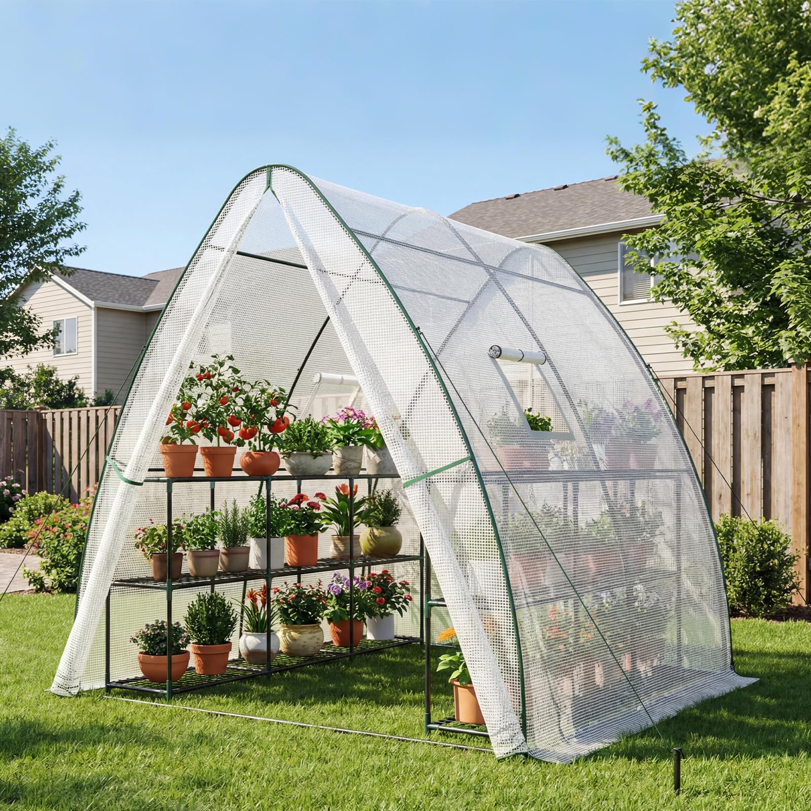 LARMNEE Gewächshaus mit Bogendach, Tomatengewächshaus, PE Foliengewächshaus, 180 x 180 x 200 cm Tomatenhaus, 2 Türen und 2 Fenster, für Blumen, Gemüse, Pflanzen, Balkon, Garten, Weiß EWT73GH02