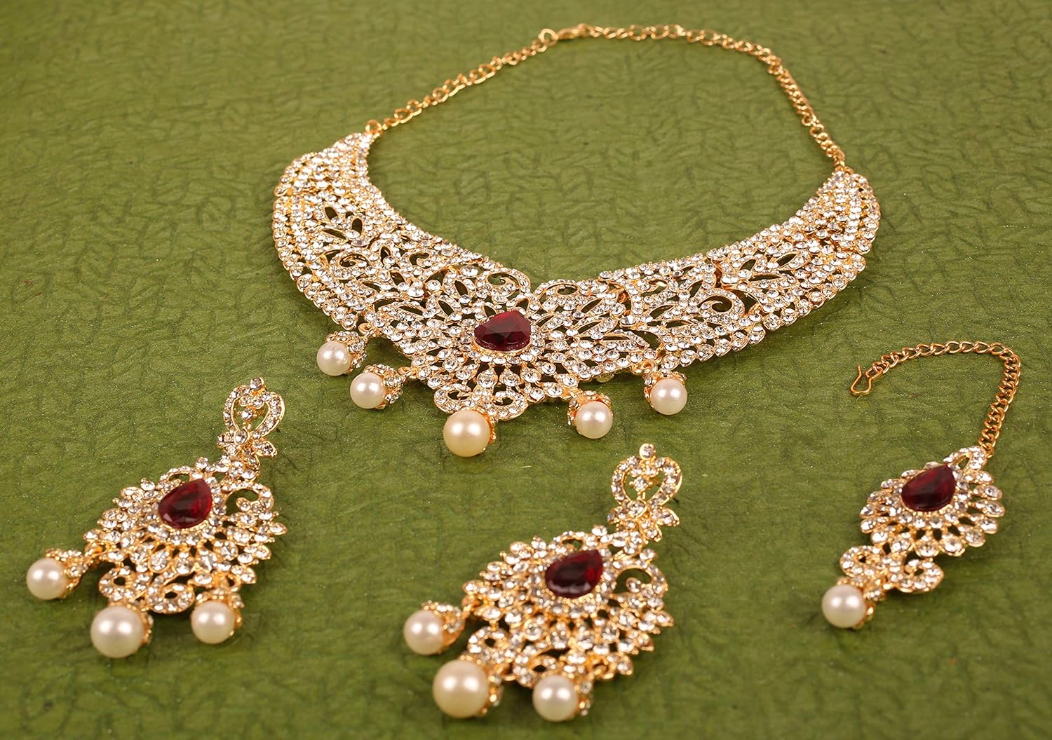 Touchstone Indian jewelry sets for women tikka wedding necklace costume guest statement bollywood rhinestones crystal faux pearls gold big royal neck piece set bridal fashion accessories - Image 8