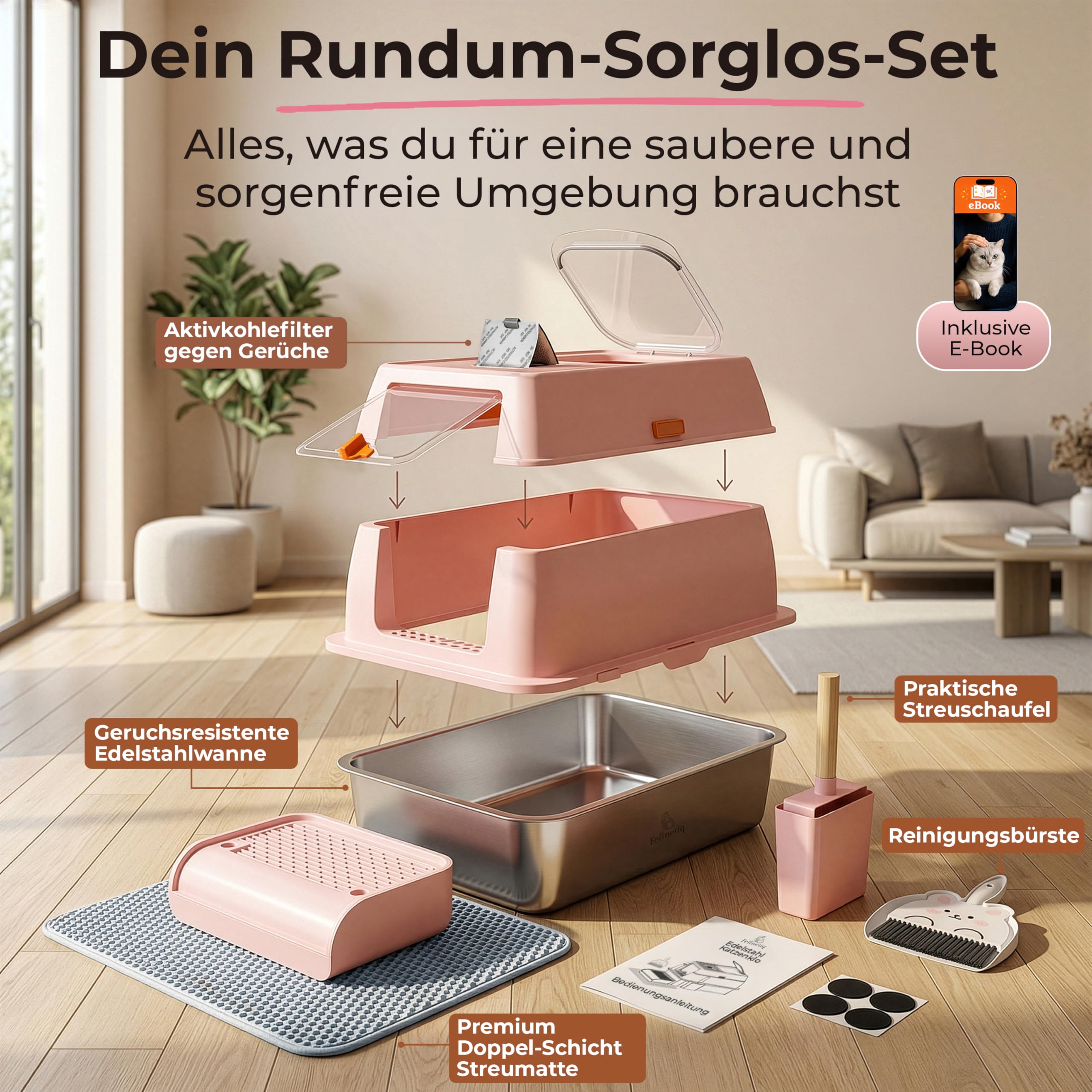 Caja de arena para gatos 3 en 1 de acero inoxidable con tapa XXL, juego completo con doble acceso, alfombrilla para gatos, pala [resistente a los olores y fácil limpieza] Inodoro