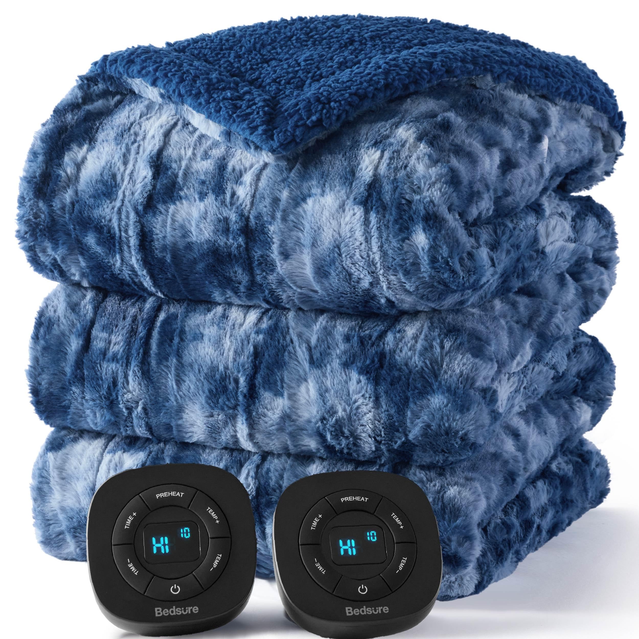 Bedsure Faux Fur Electric Blanket Queen Size, Dual Control Heated Blanket Queen, Fast Heating Blanket with 10 Heating Levels &amp; 10 Time Settings, Cozy Gifts for Women Men (84x90 inches, Denim Blue)