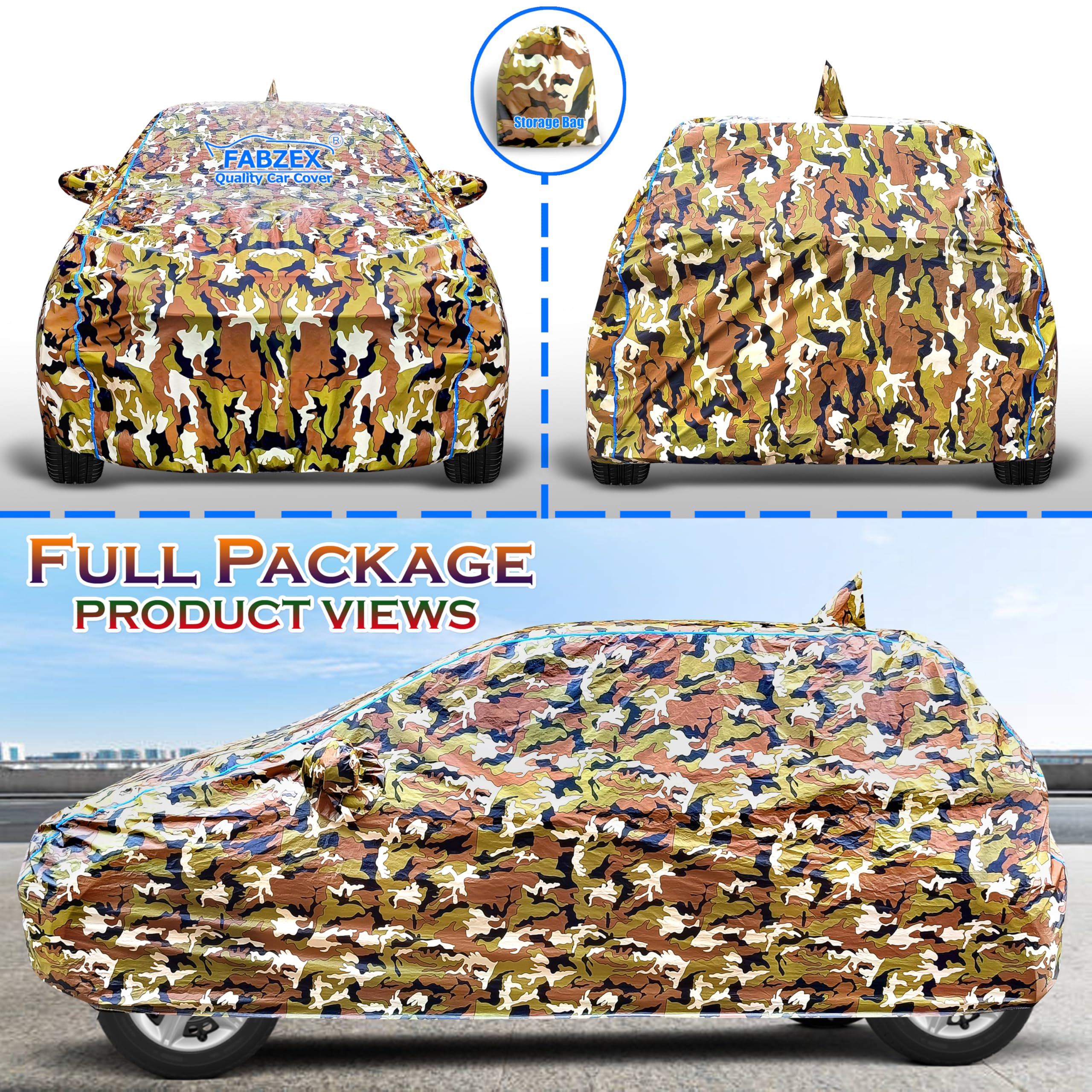 FABZEX Waterproof Car Body Cover Compatible for Mahindra XUV 3XO (2024 Model) with Mirror and Antenna Pockets, Triple Stitched,Bottom Elastic (Military Jungle Print, Camouflage Design) 1