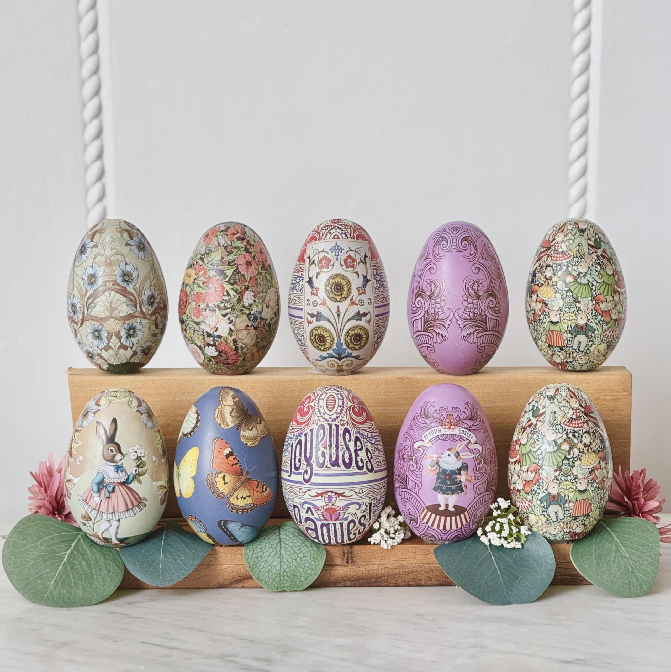 Lacheln Easter Metal Tin Eggs Decorations - Pack Of 6 Vintage Bunny & Chicken Pattern Empty Eggs For Party