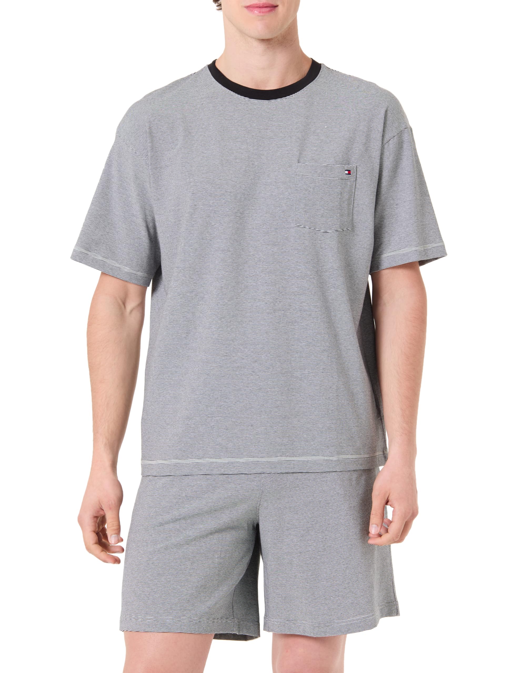 Tommy Hilfiger Men's Ss Jersey Pj Set Mini Stripe UM0UM03846 Set, YELLOW (Black Mini Stripe), L