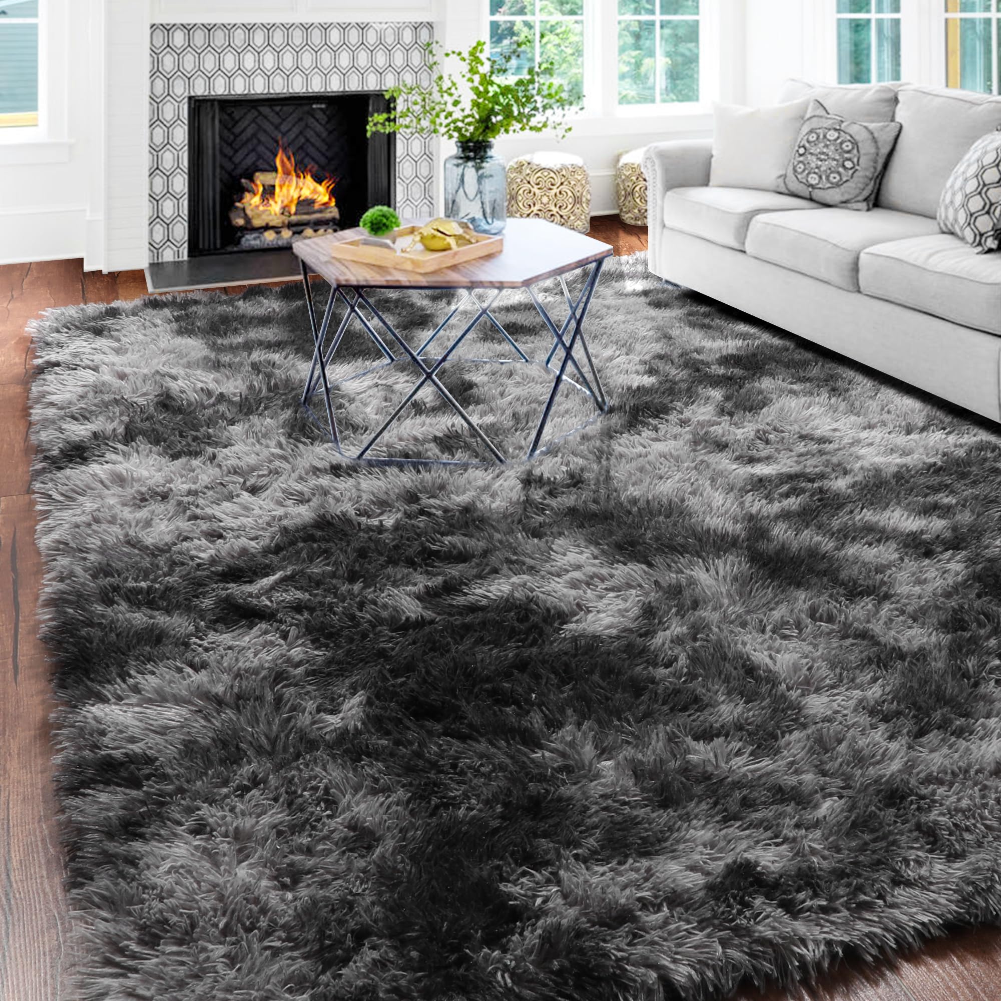 Amdrebio Tie-Dyed Dark Grey Large Living Room Rugs 6x9, Furry Shag Area Rug for Bedroom, Big Soft Fluffy Rug for Mens Kids Room, Modern Fuzzy Shaggy Carpet, Plush Floor Rug for Apartment — image 1