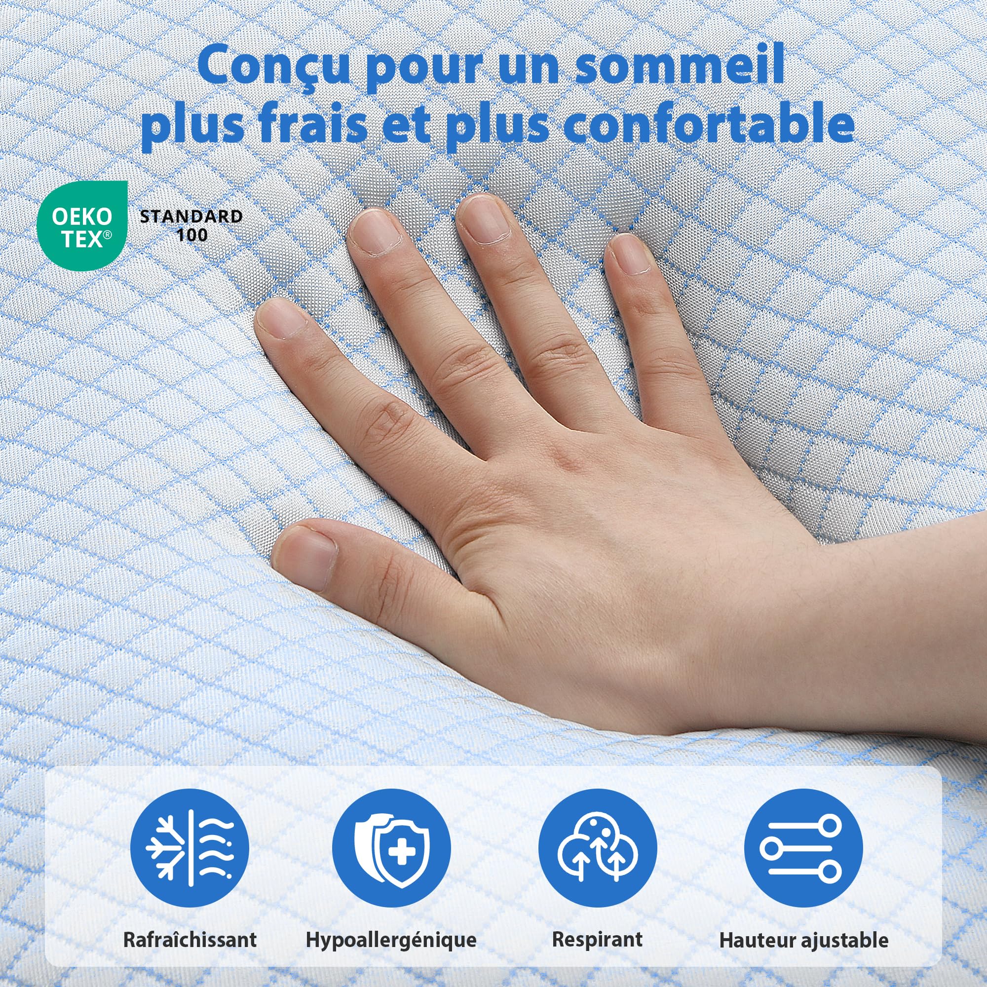 UNIKOME Oreiller rafraîchissant 50x70CM Lot de 2, Oreiller en Mousse à mémoire de Forme Double Face, Oreiller rafraîchissant Froid/Chaud Amovible, Bleu l'été/Automne, Blanc Le Printemps, Oeko-Tex