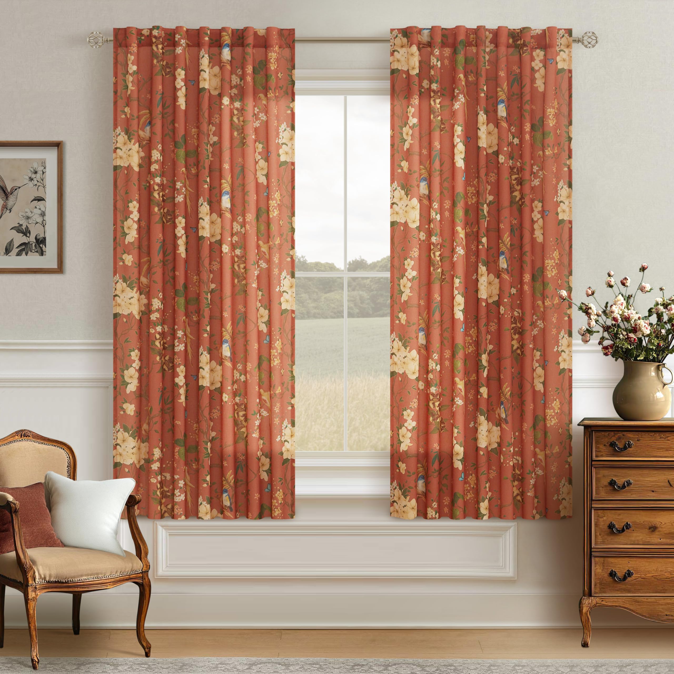 Floral Bird Curtains 63 Inch 2 Panels Back Tab for Living Room Terracotta | Vintage Boho,Rustic,Leaf Flower Pattern,Linen Blend,Window Drapes,Light Filtering,Semi Sheer,for Dining Room Bathroom,Autumn
