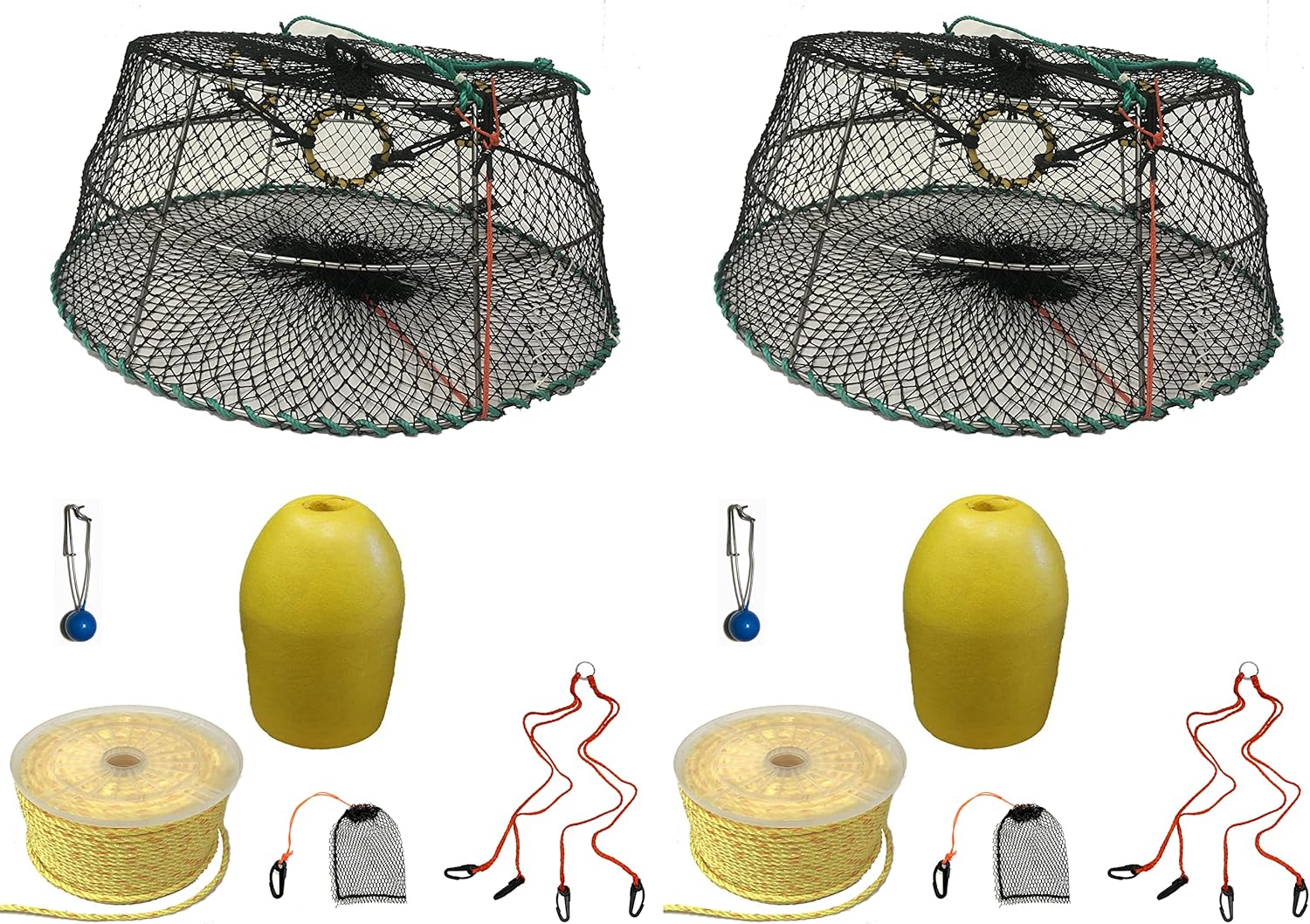 2-Pack of KUFA Sports Tower Style Prawn Trap(Stretched Mesh Size:1-3/4") with 400' Rope, Yellow Float, Bait Bag & Harness Combo