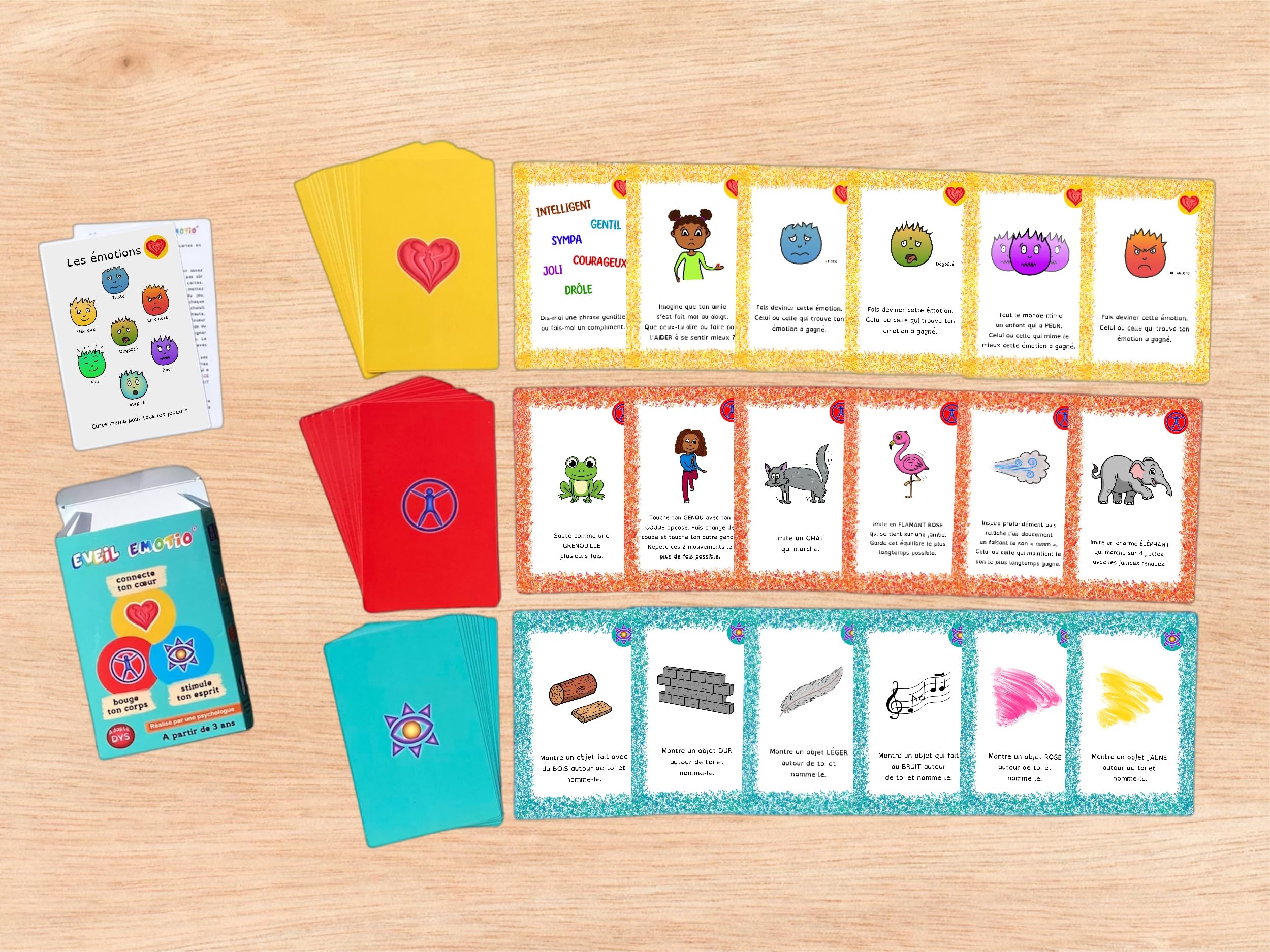 EVEIL Jeu de Cartes éducatif pour Le Coeur, Le Corps et l'esprit | Intelligence, Motricité, Emotions, Concentration, Mémoire | À partir de 3 Ans | Fabriqué en France