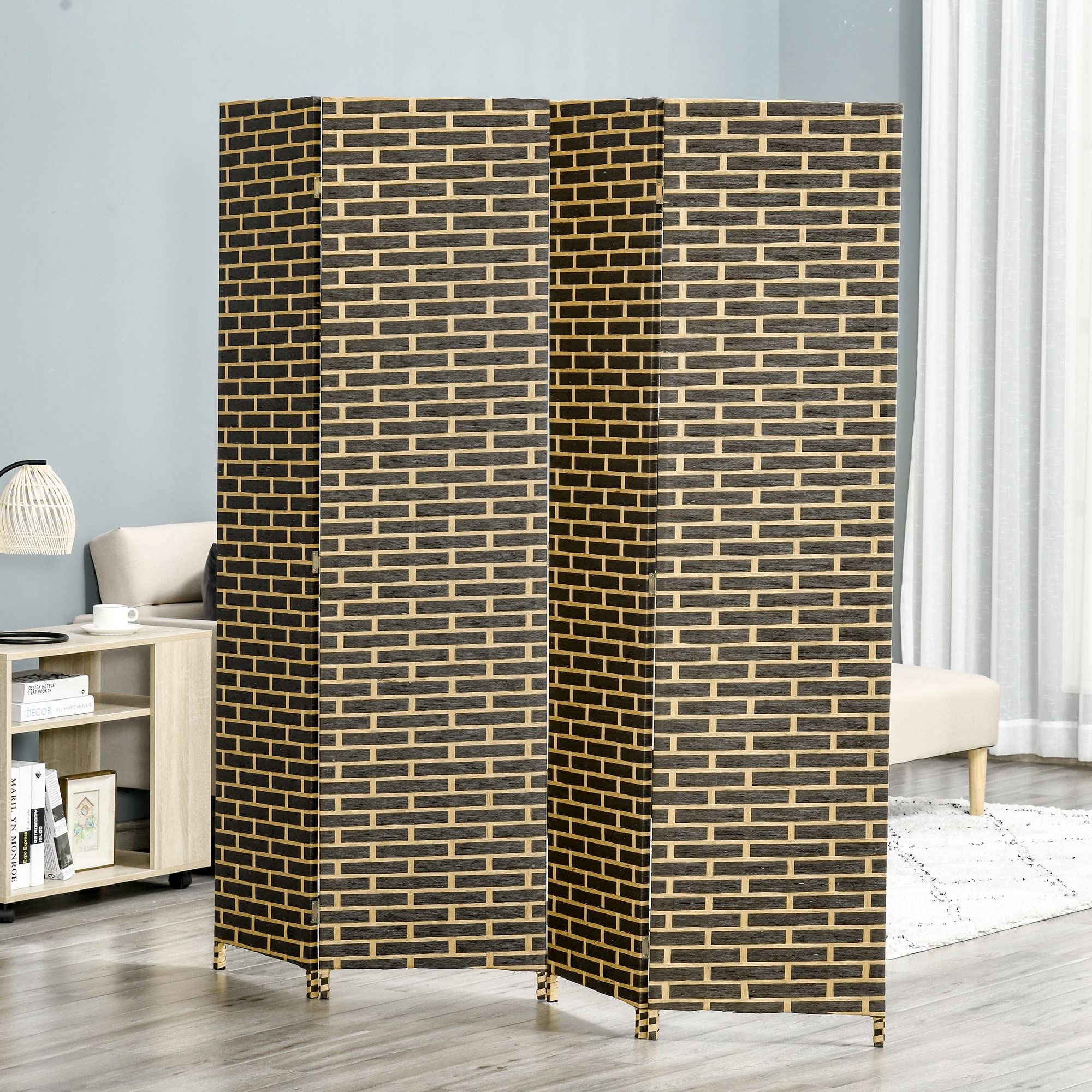 HOMCOM Paravent intérieur 4 Panneaux Pliables 180L x 180H cm séparateur de pièce Bois de peuplier Fibres de Papier tressée Chocolat Paille