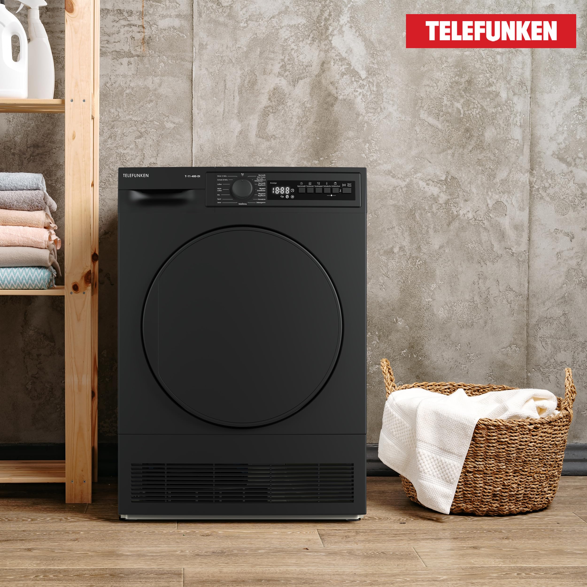 Telefunken T-11-400-DI Kondenstrockner / 7kg Trockner mit 15 Programmen, Startzeitvorwahl, Knitterschutz & reversierenden Trommelbewegungen, dark-inox