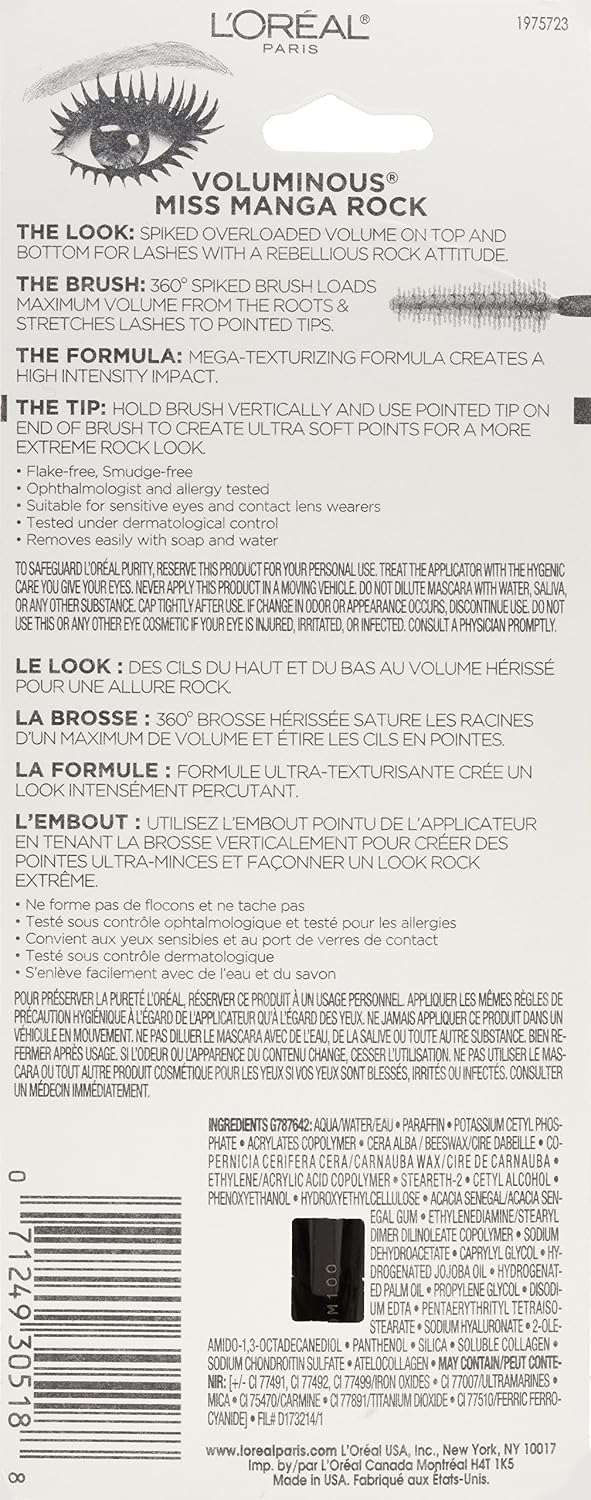 L'Oreal Paris Cosmetics Voluminous Miss Manga Rock Mascara, 387 Blackest Black, 0.27 Fluid Ounce