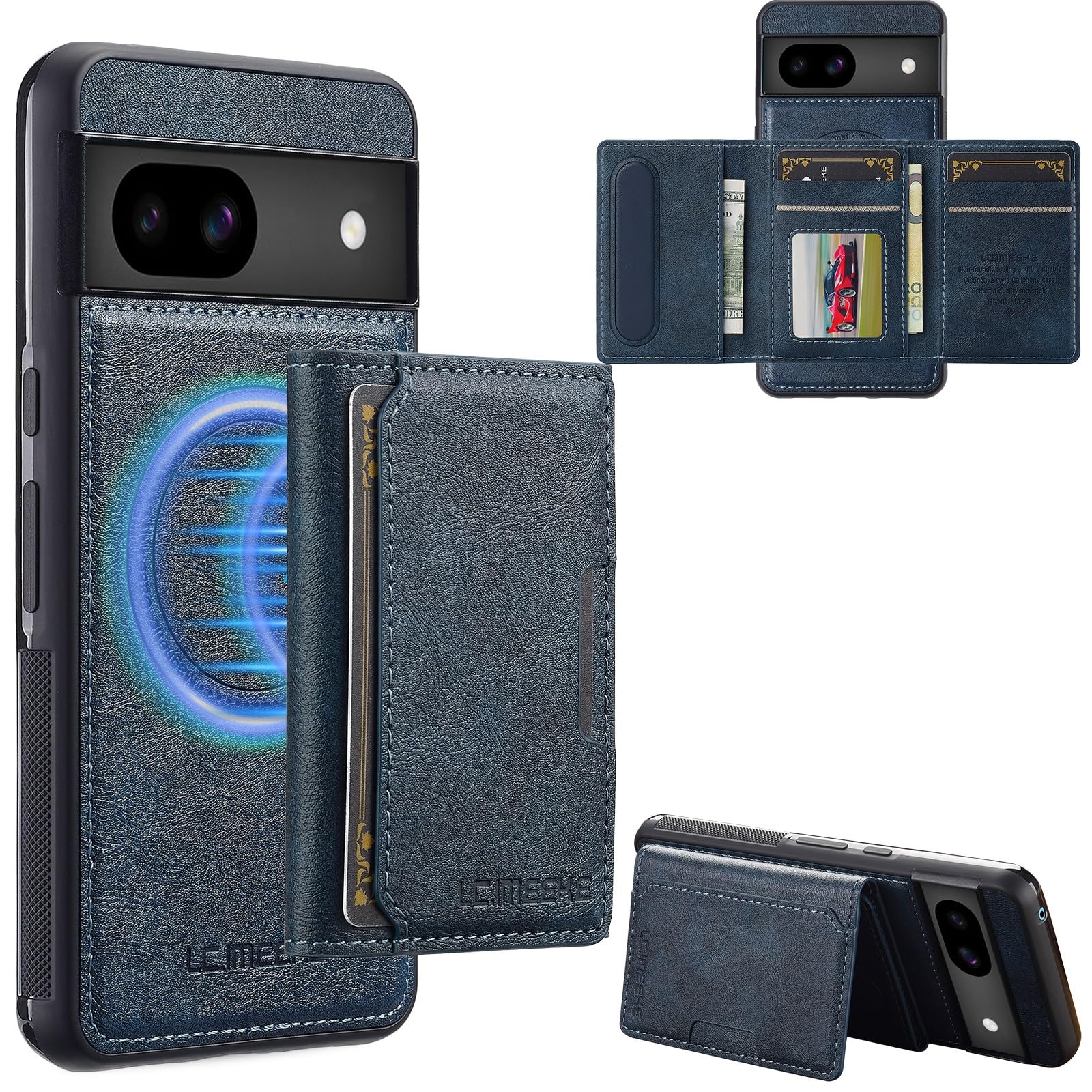 Coque Google Pixel 8A magnétique étui portefeuille RFID antichoc bleu - 8