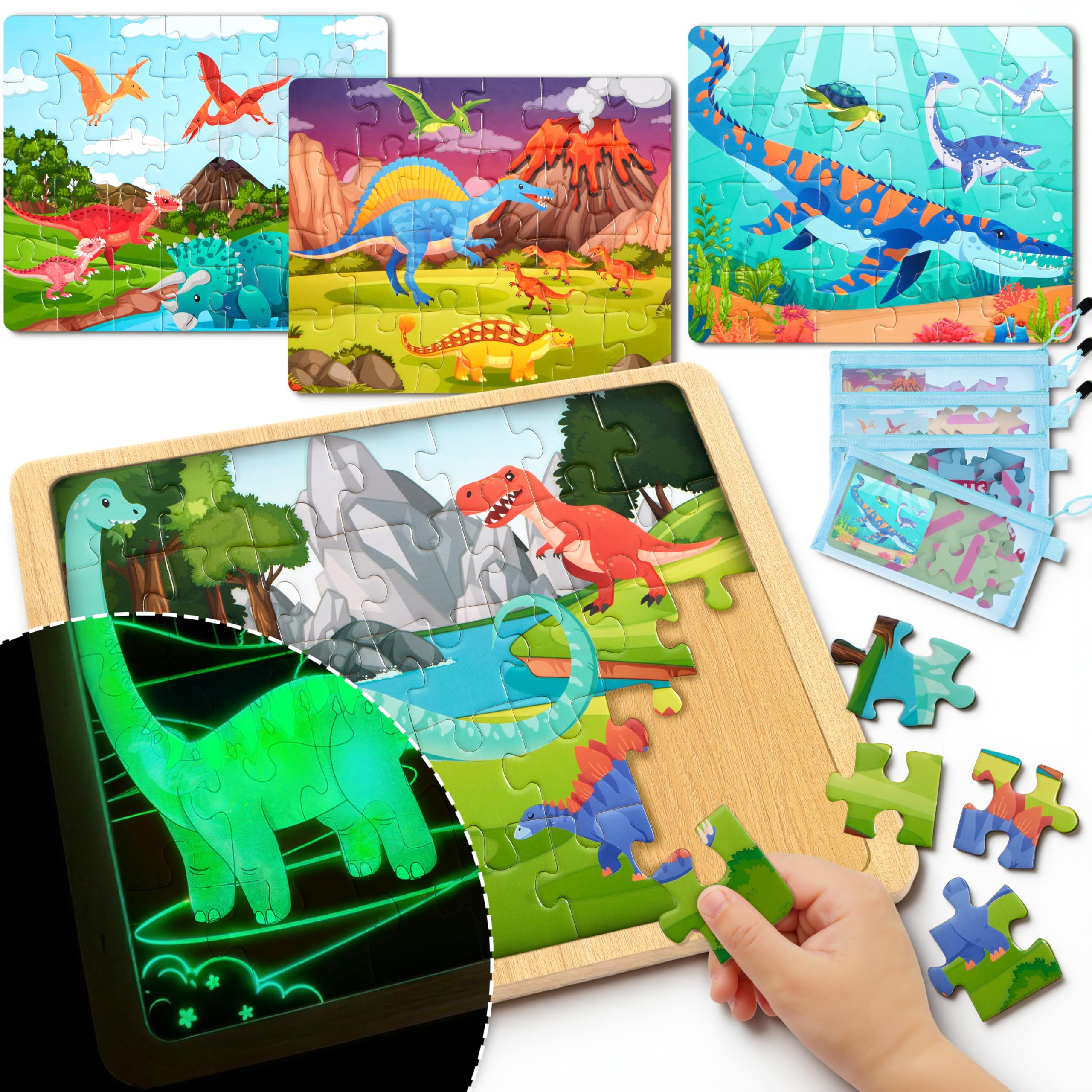 SYNCFUN 4-in-1 Dinosaur Wooden Puzzles Glow in The Dark, 24 & 35 PCS Montessori Puzzles Board Toys for Preschool Educational Toddlers for Kids Ages 3-