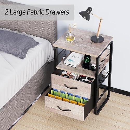 Miniatura 4 de Mesita de noche con cajones, mesita de noche de almacenamiento con estación de carga tipo C, mesa auxiliar pequeña con ganchos, mesa auxiliar de